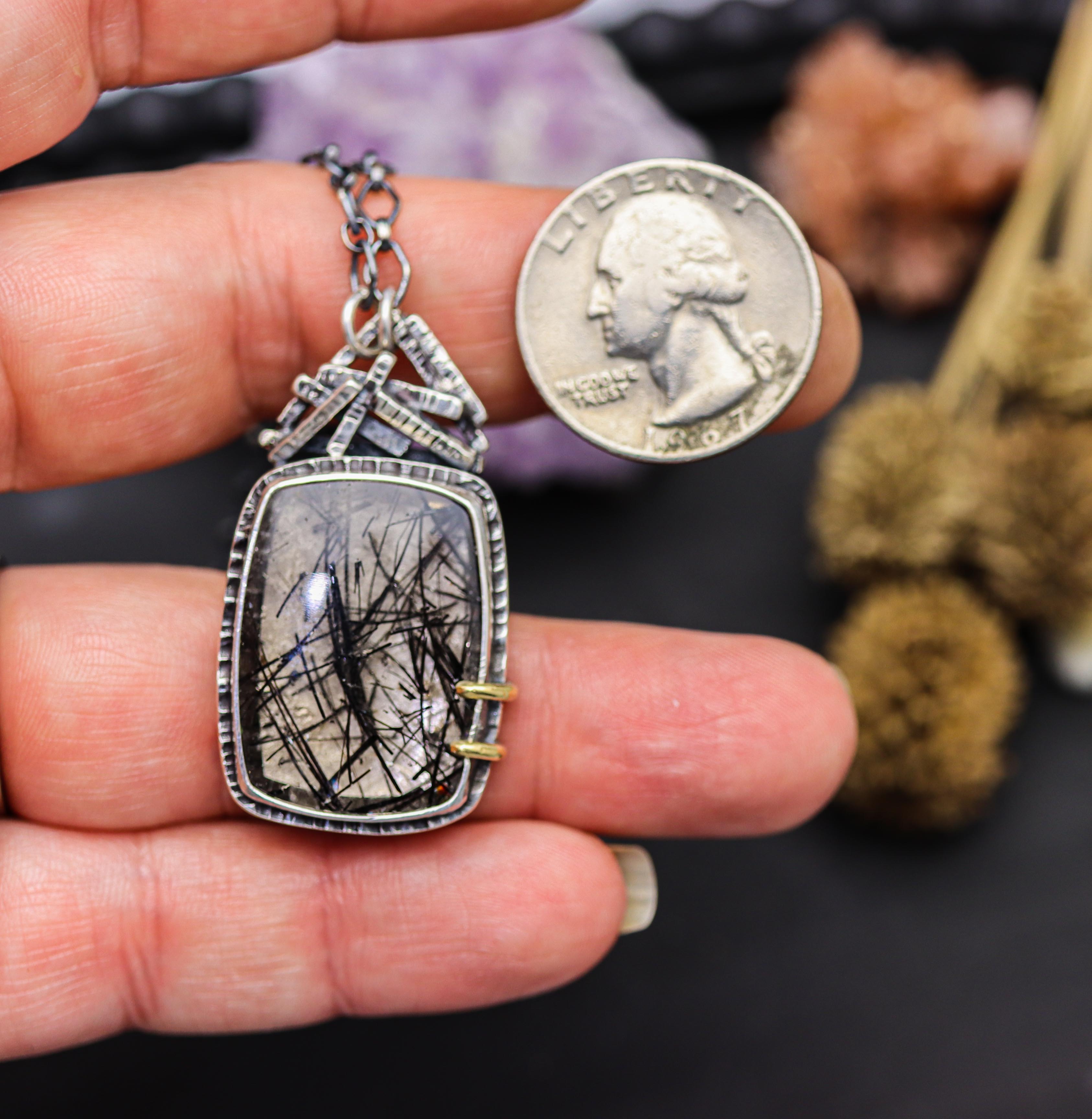 Tourmalinated Quartz Pendant with Sterling Silver and 18k Gold