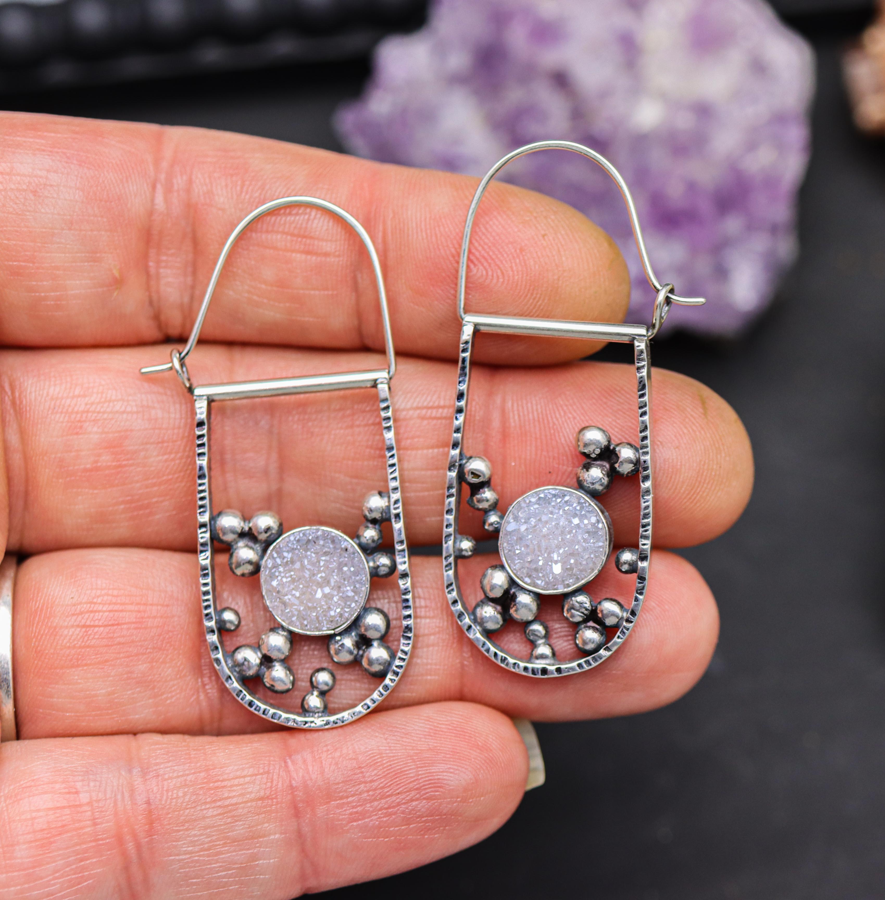 White Druzy Bubble Hoop Earrings in Sterling Silver