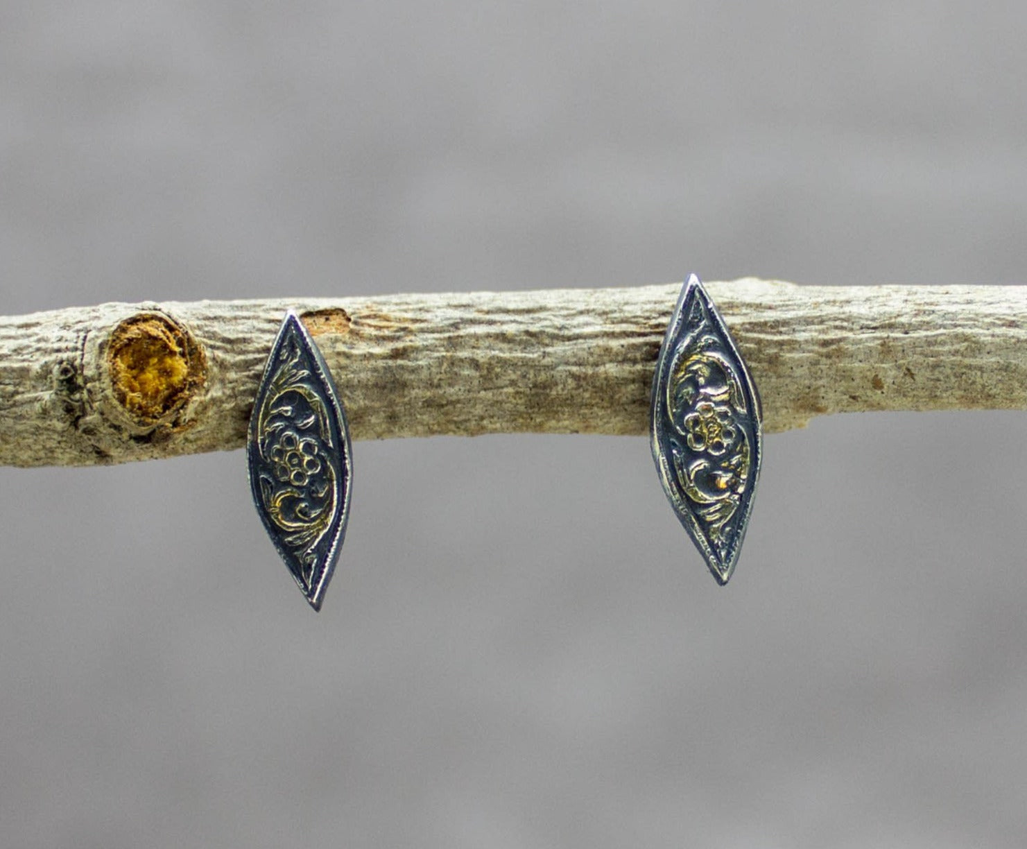 Marquis Flower Stud Earrings Fine and Sterling Silver and 22k Gold