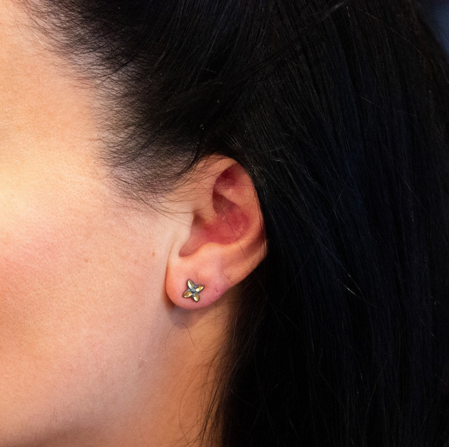 Small Four Petal Flower Stud Earrings Sterling Silver and 24k gold