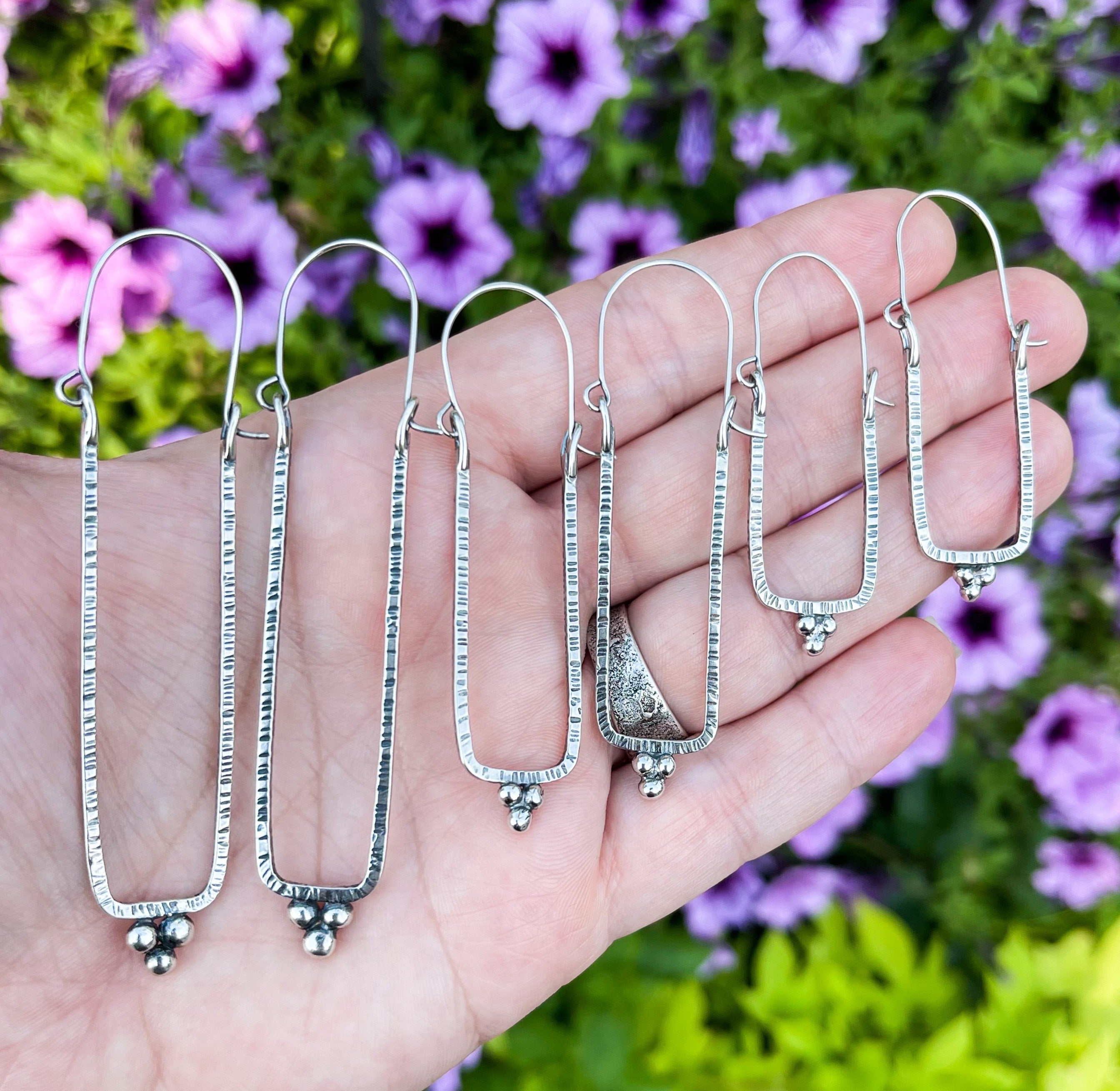Narrow Rectangle Granulated Hoop Earrings in Sterling Silver Made To Order