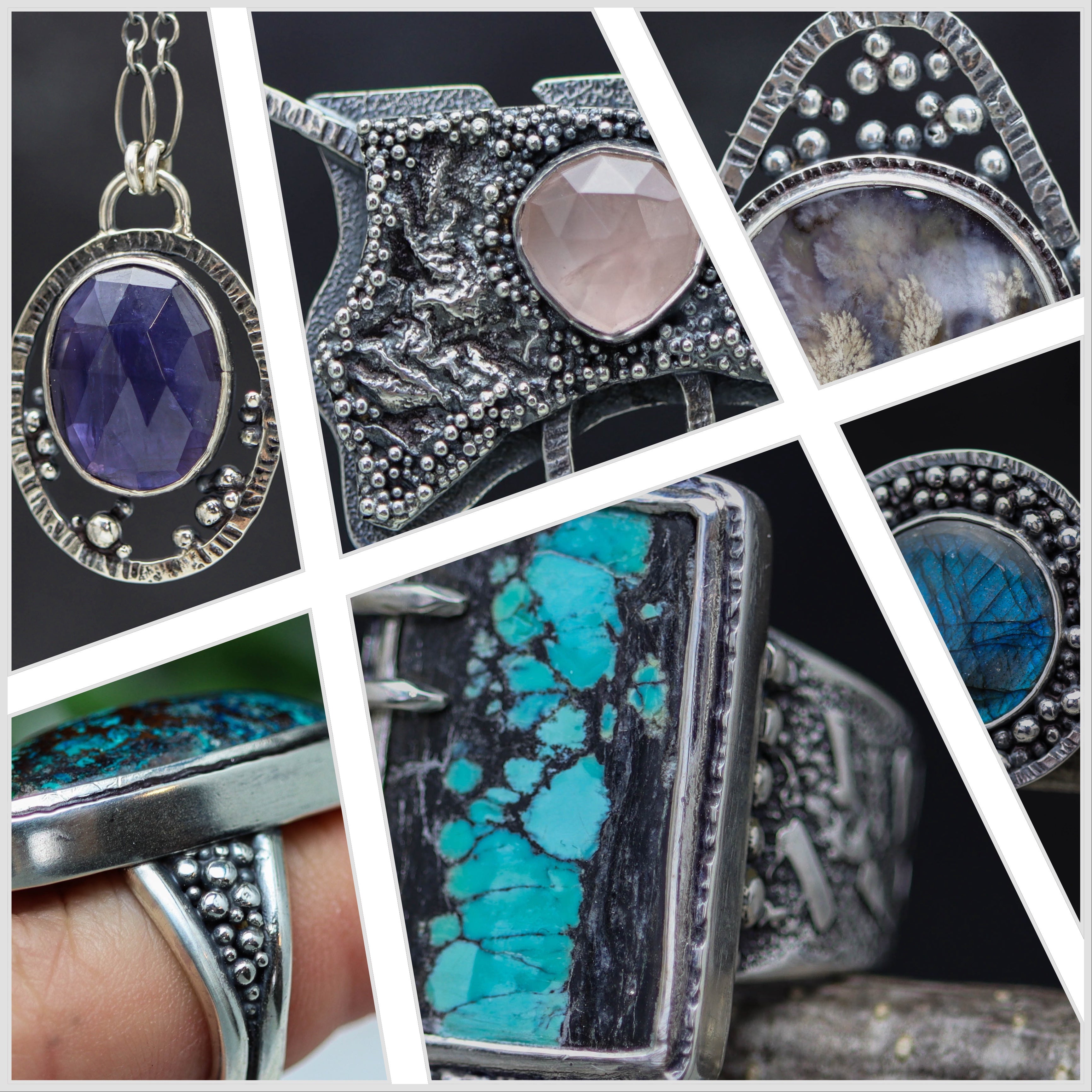 A collection of close up images of jewelry pieces showing texture and patina.