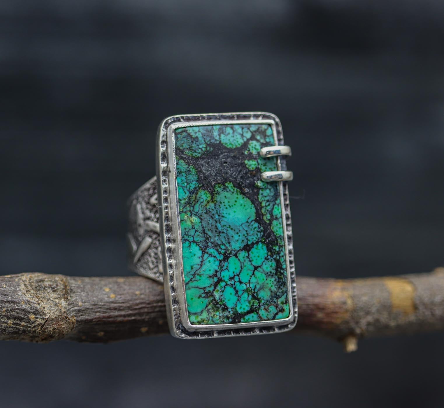 chrysocolla and copper in agate ring in sterling silver