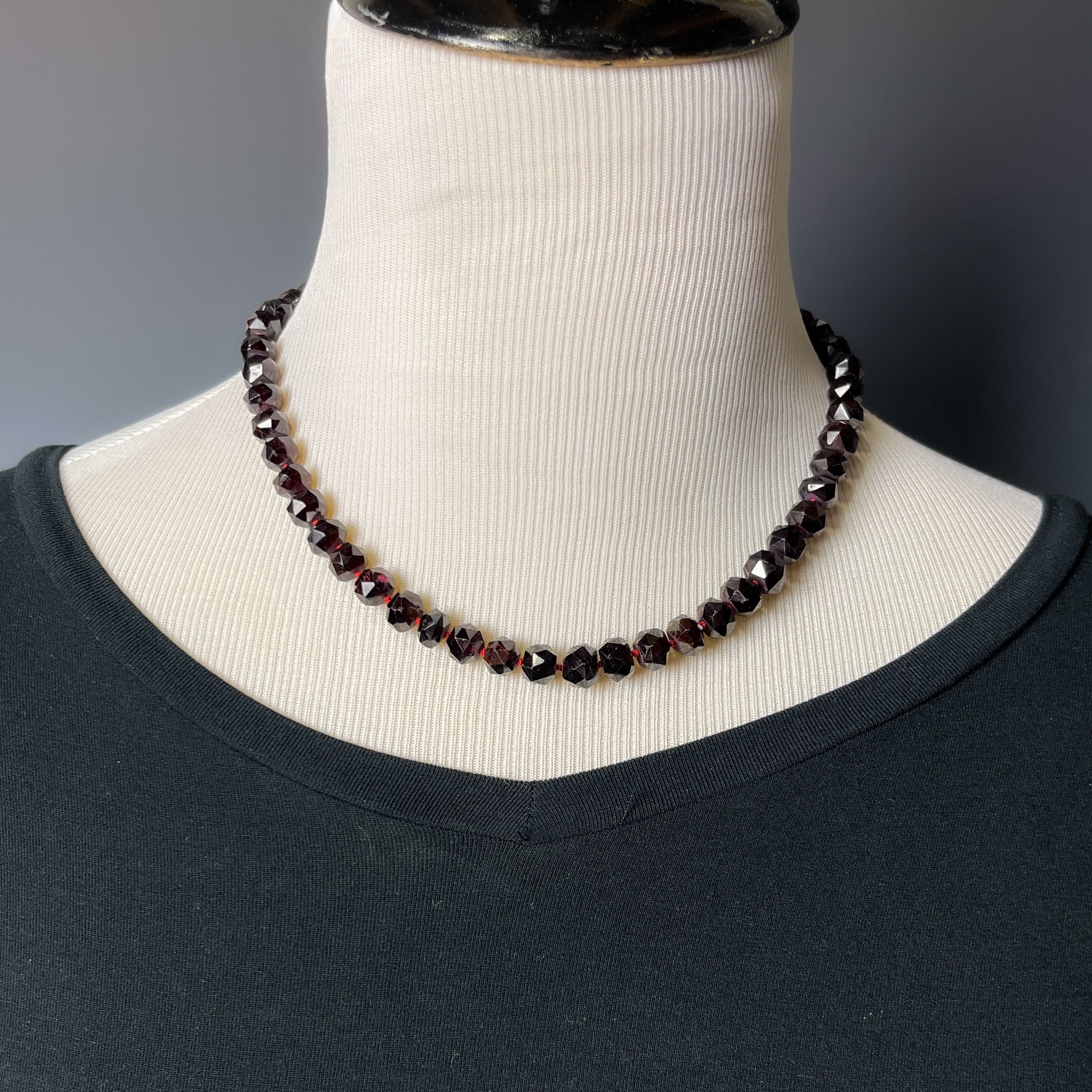 Red Garnet Hand Knotted Bead Necklace Sterling Silver Short Length