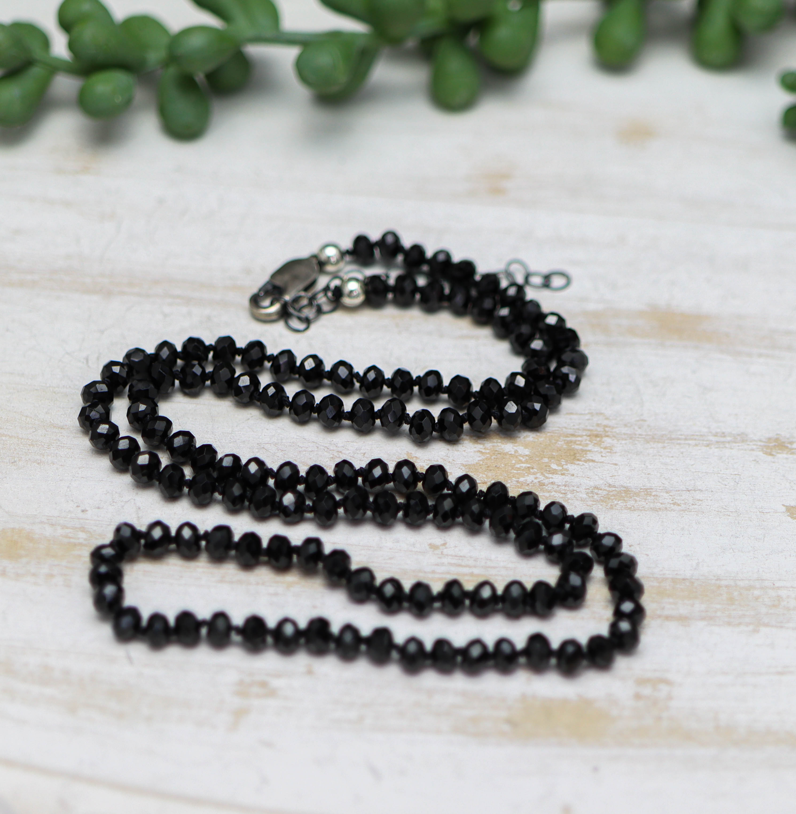 Sparkly Black Spinel Hand Knotted Bead Necklace Sterling Silver 21 Inch