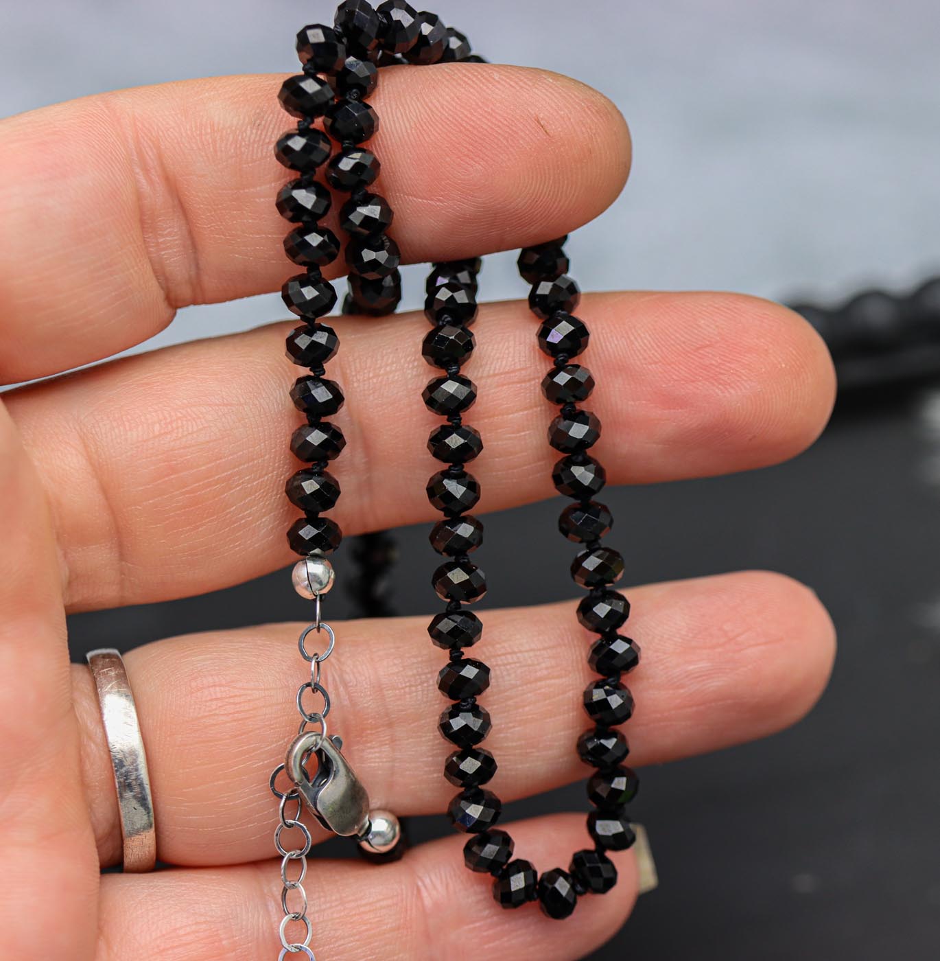 Sparkly Black Spinel Hand Knotted Bead Necklace Sterling Silver 16 Inch