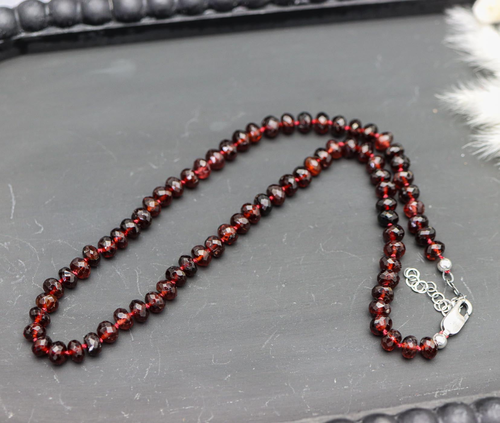 Rich Red Garnet Hand Knotted Bead Necklace Sterling Silver 16 inch