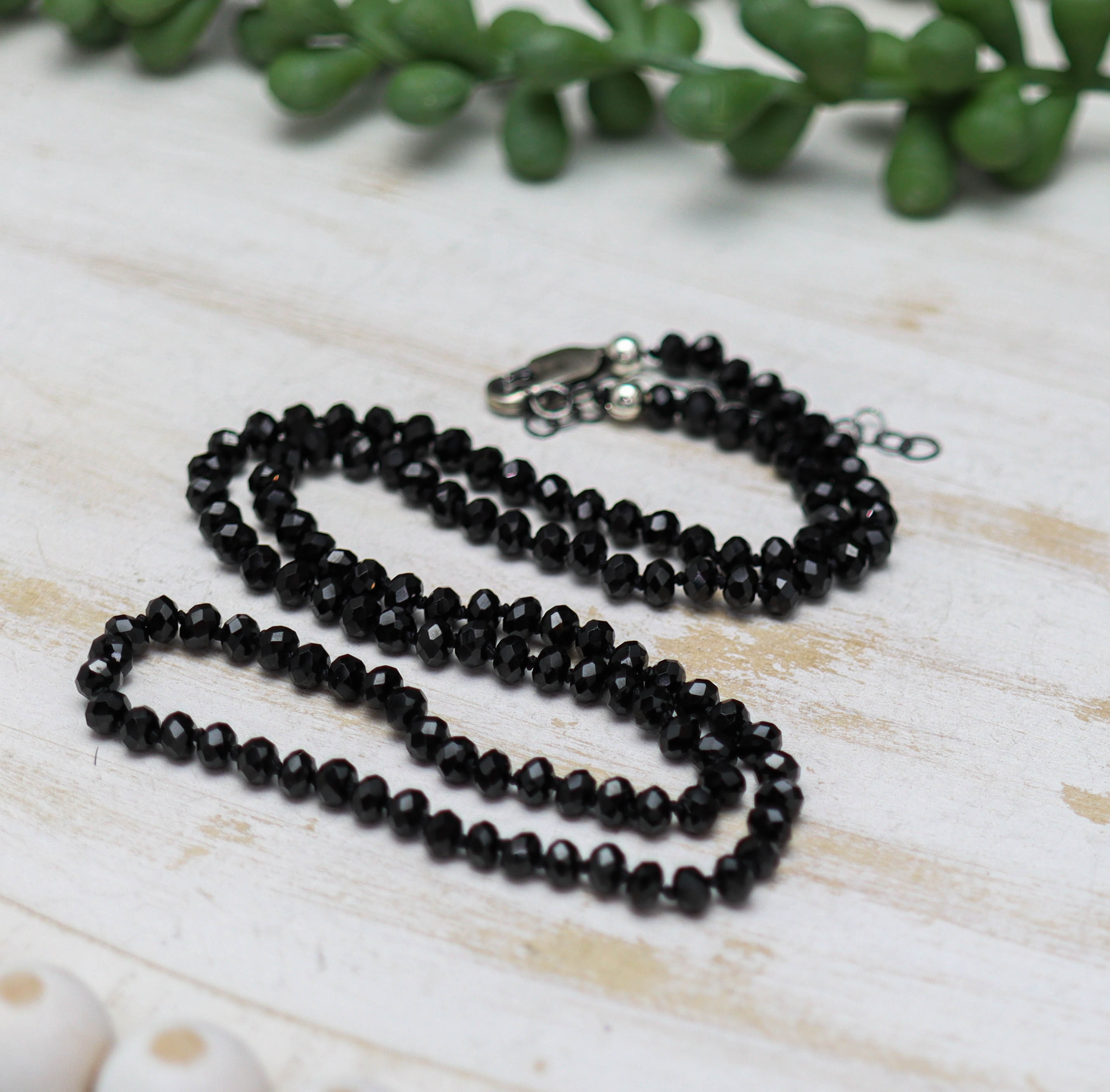 Sparkly Black Spinel Hand Knotted Bead Necklace Sterling Silver 21 Inch