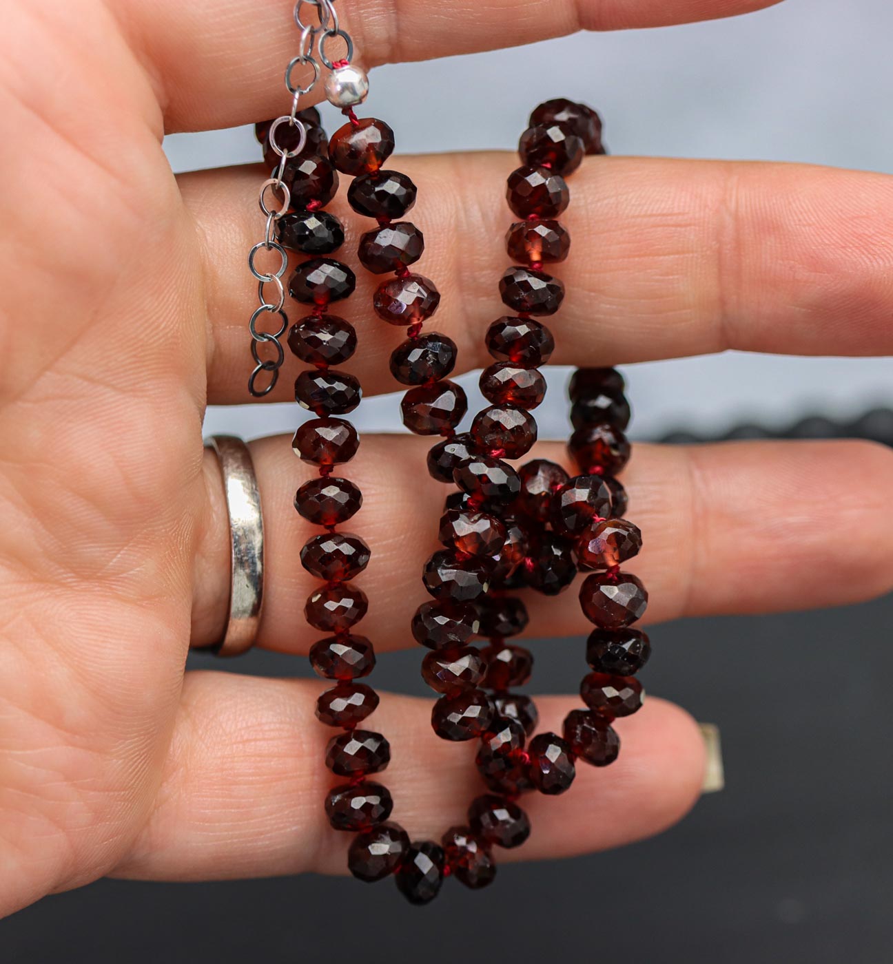 Rich Red Garnet Hand Knotted Bead Necklace Sterling Silver 16 inch