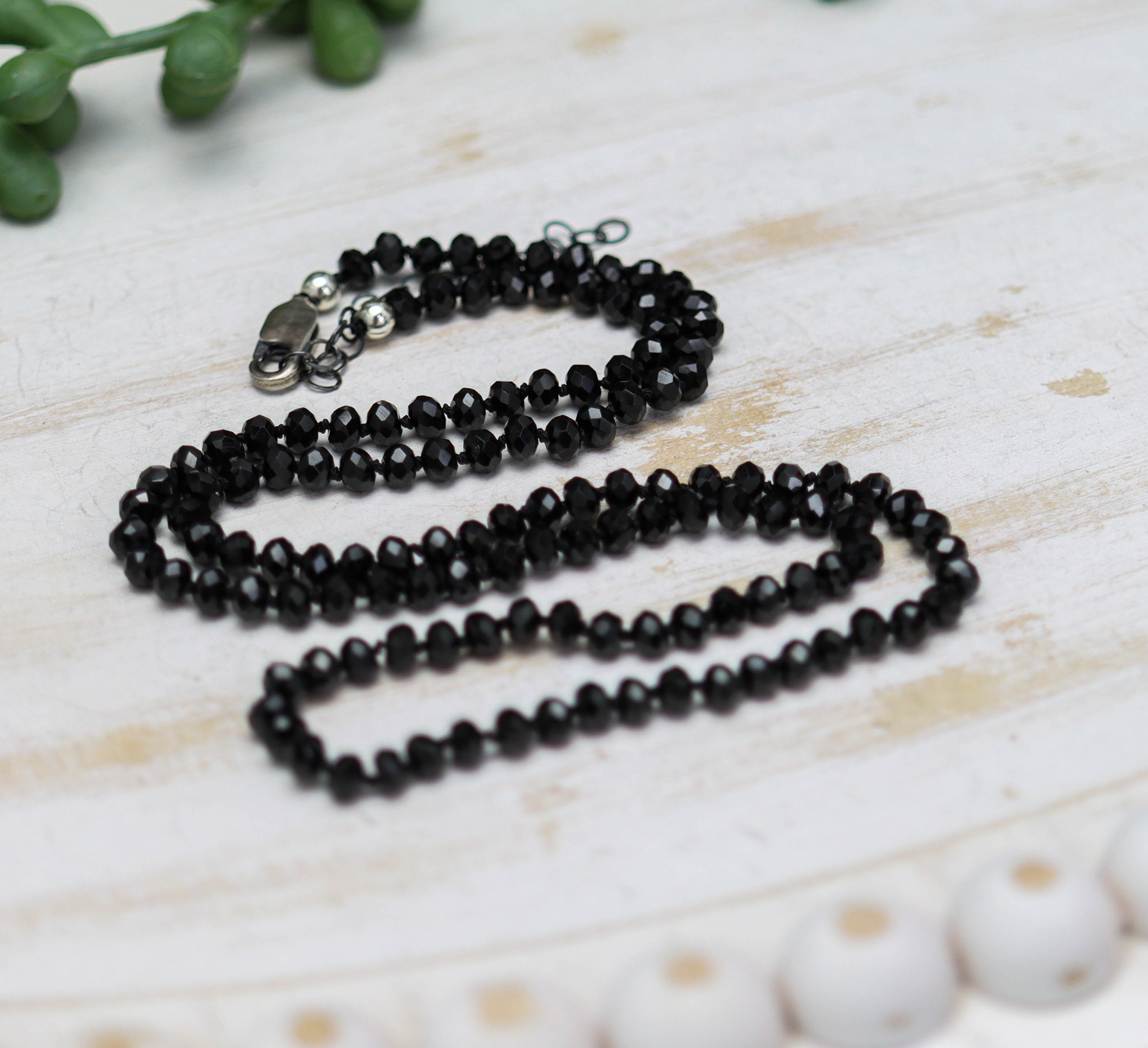 Sparkly Black Spinel Hand Knotted Bead Necklace Sterling Silver 21 Inch