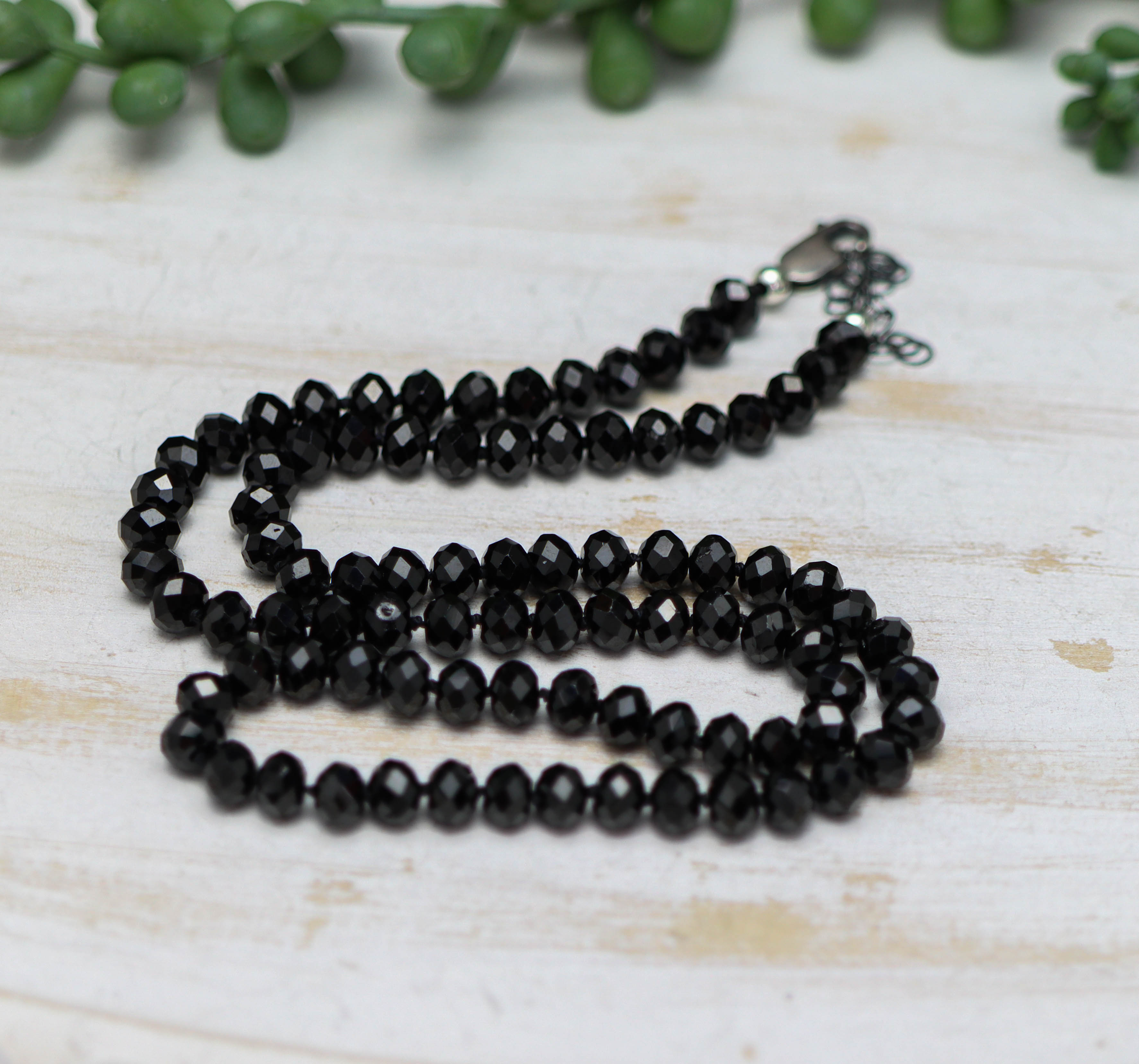 Sparkly Black Spinel Hand Knotted Bead Necklace Sterling Silver 18 inch
