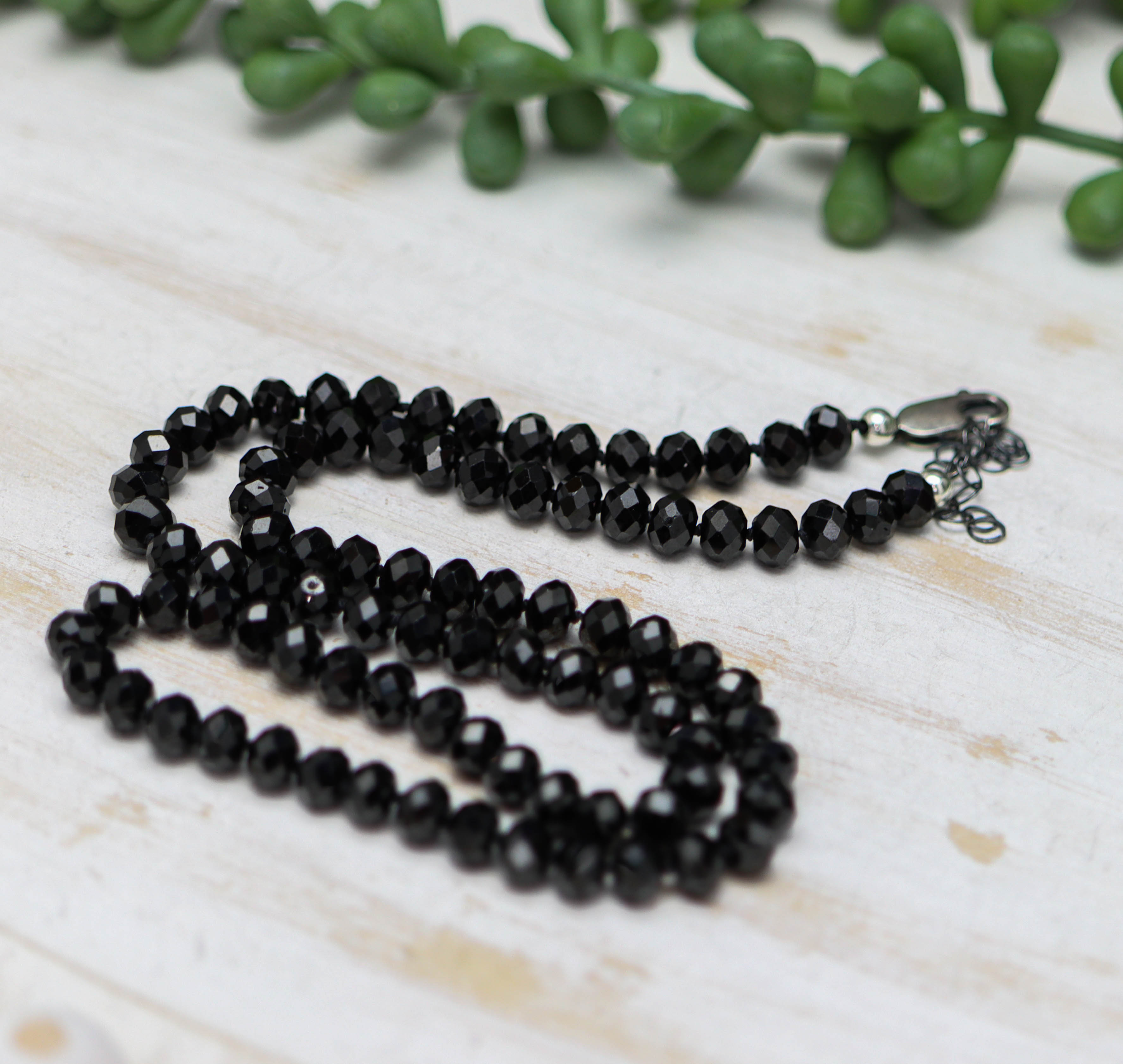 Sparkly Black Spinel Hand Knotted Bead Necklace Sterling Silver 18 inch