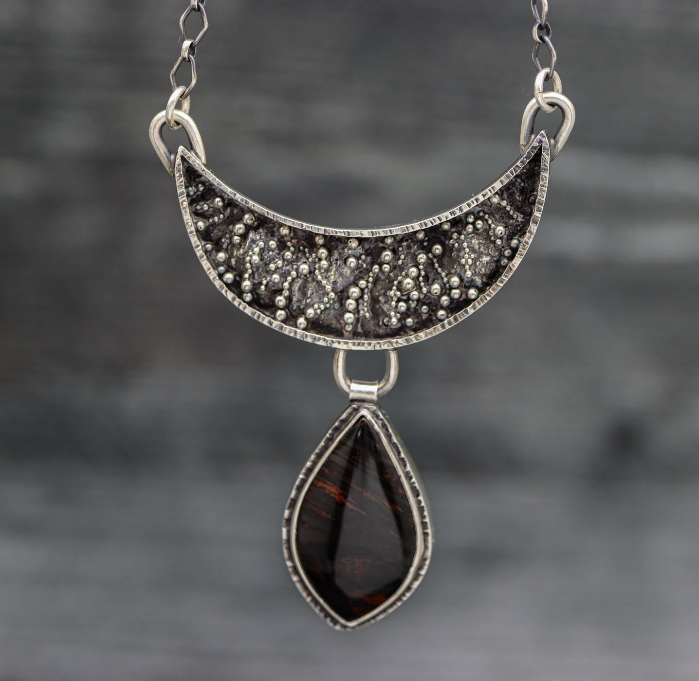Mahogany Obsidian Crescent Pendant Sterling Silver Necklace