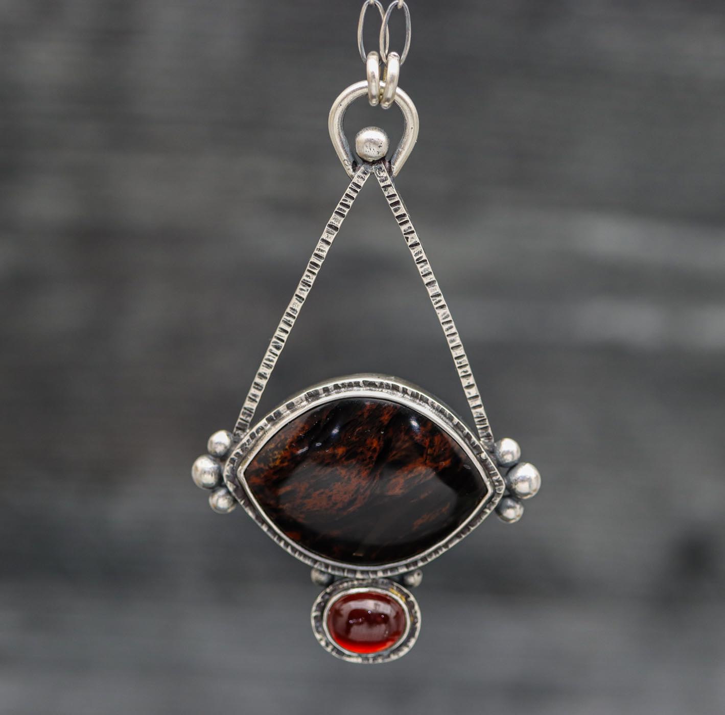 Mahogany Obsidian and Hessonite Garnet Pendant Sterling Silver Necklace