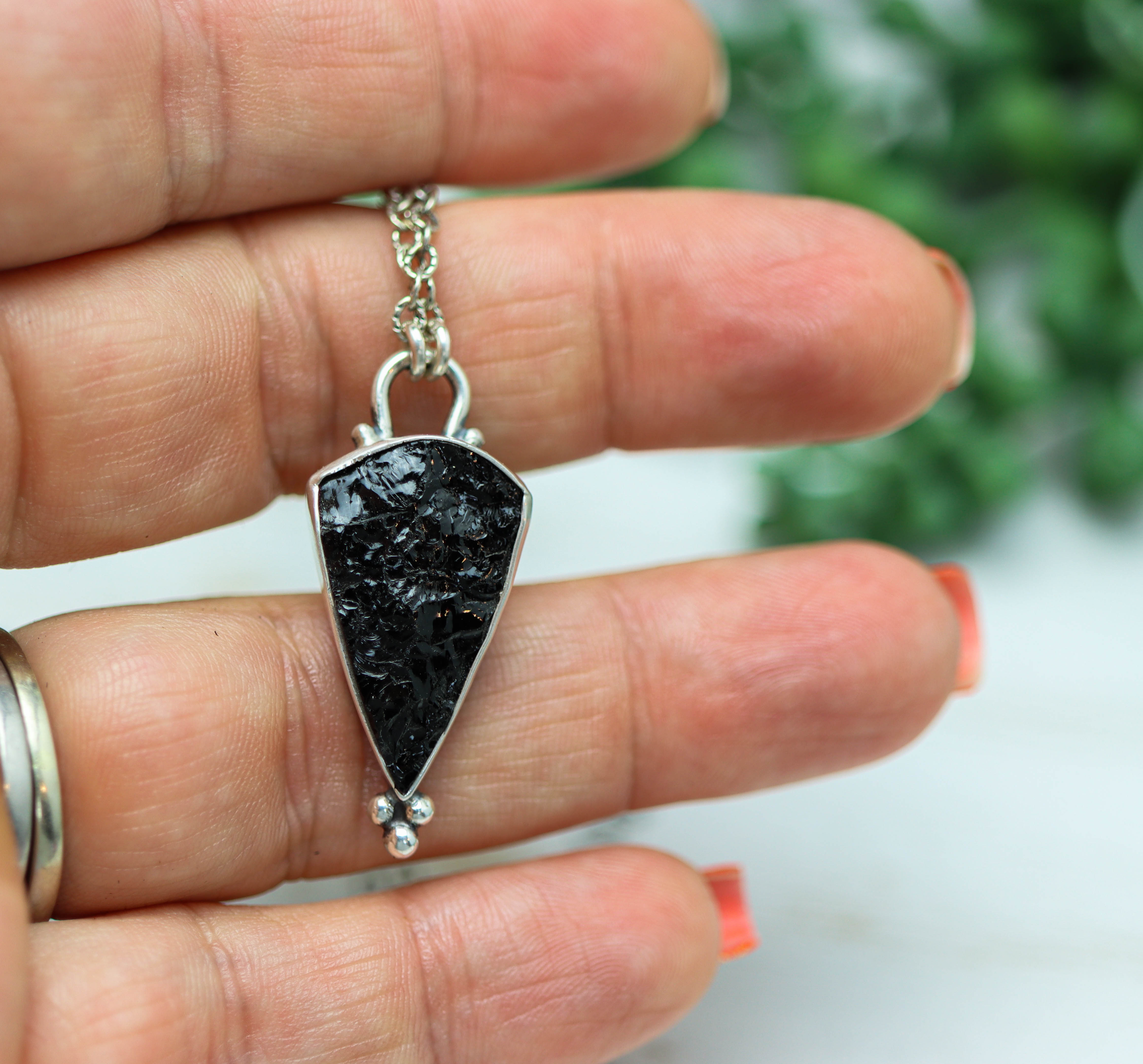 Natural Surface Black Tourmaline Pendant Necklace Sterling Silver