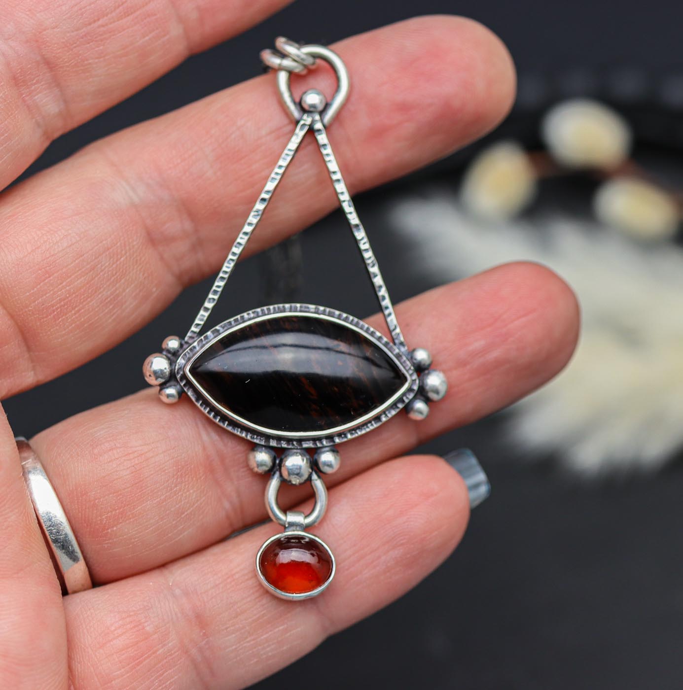 Mahogany Obsidian and Hessonite Garnet Pendant Sterling Silver Necklace
