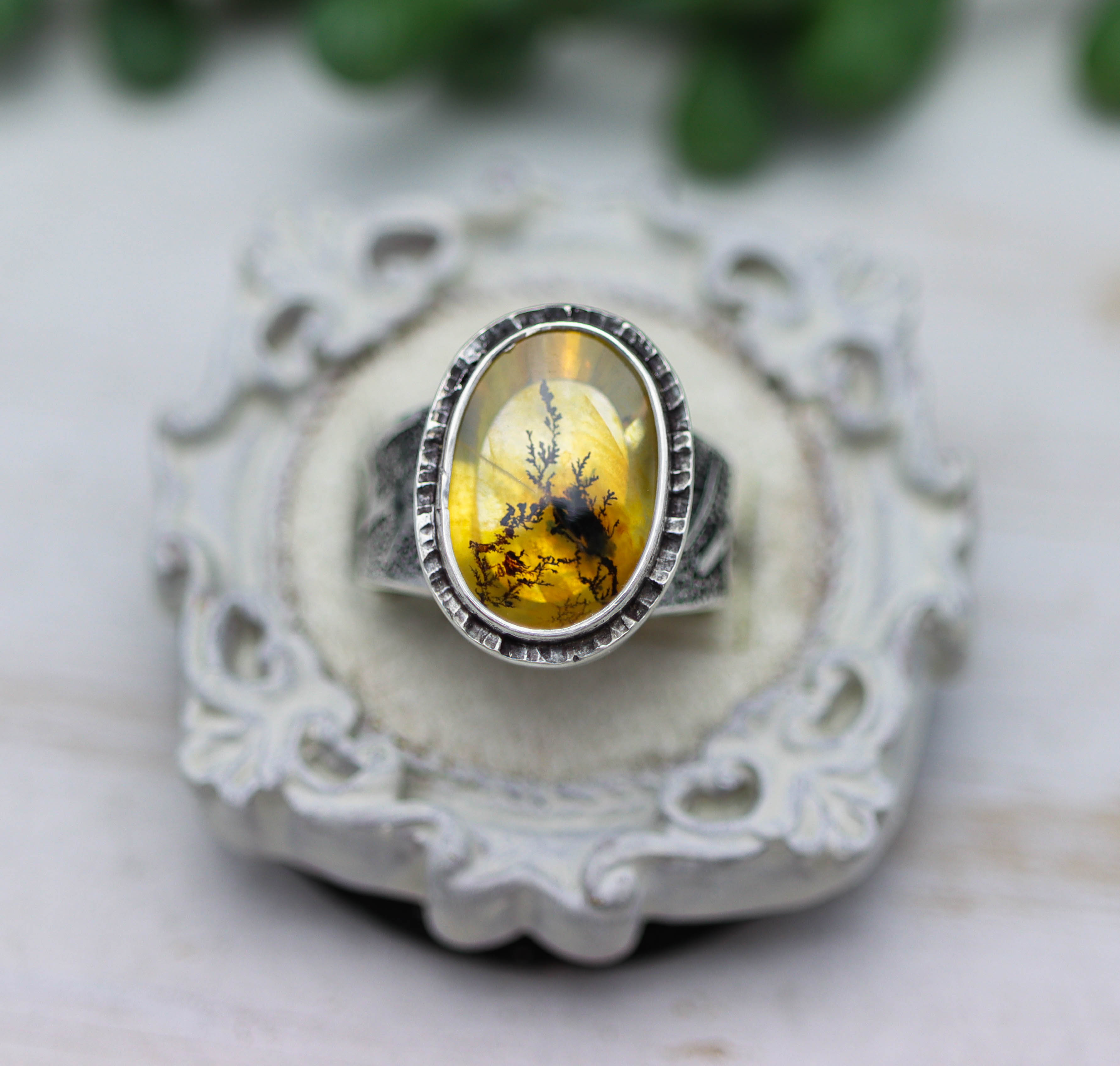 Dendritic Quartz Sterling Silver Wide Band Ring