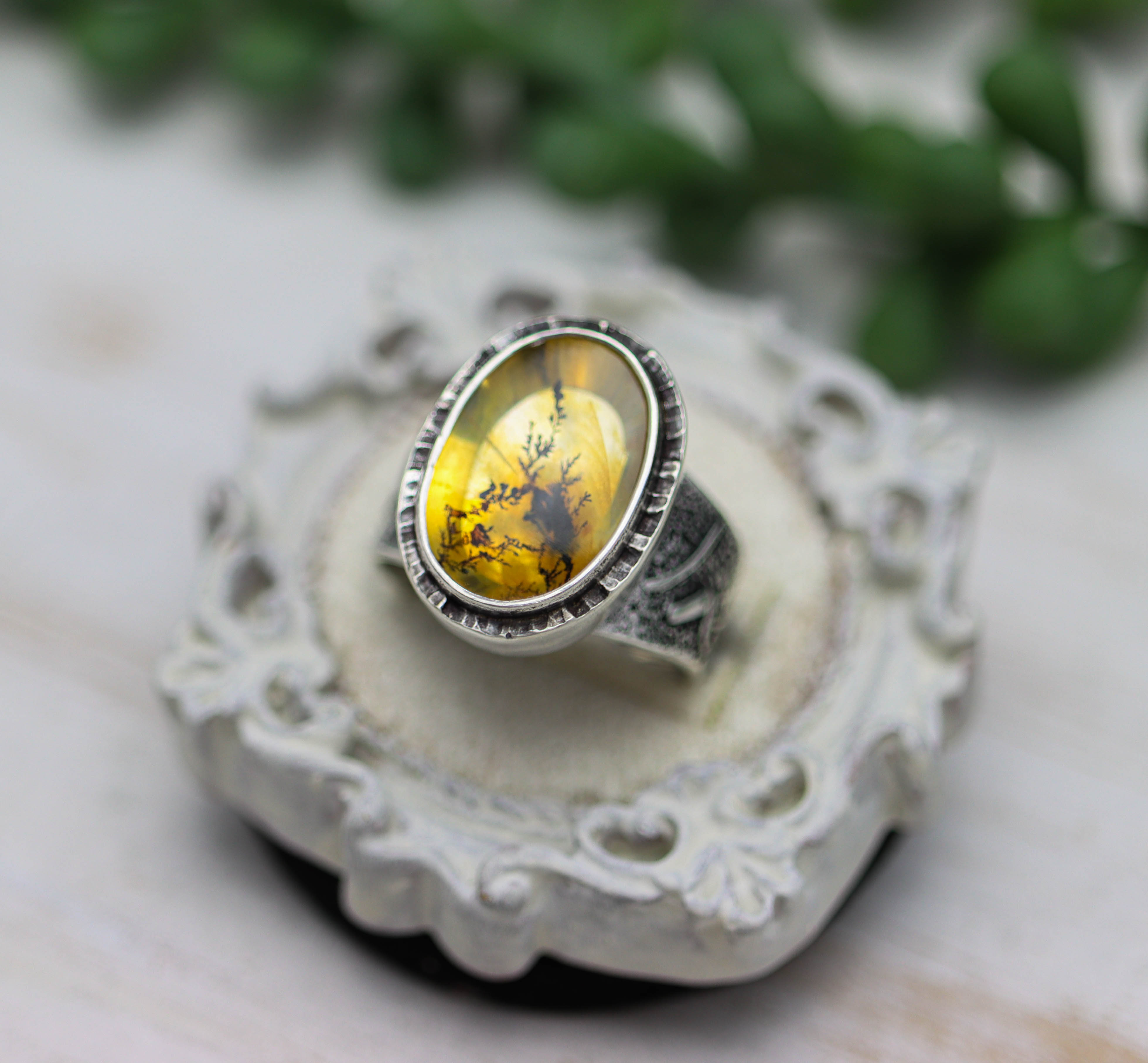 Dendritic Quartz Sterling Silver Wide Band Ring