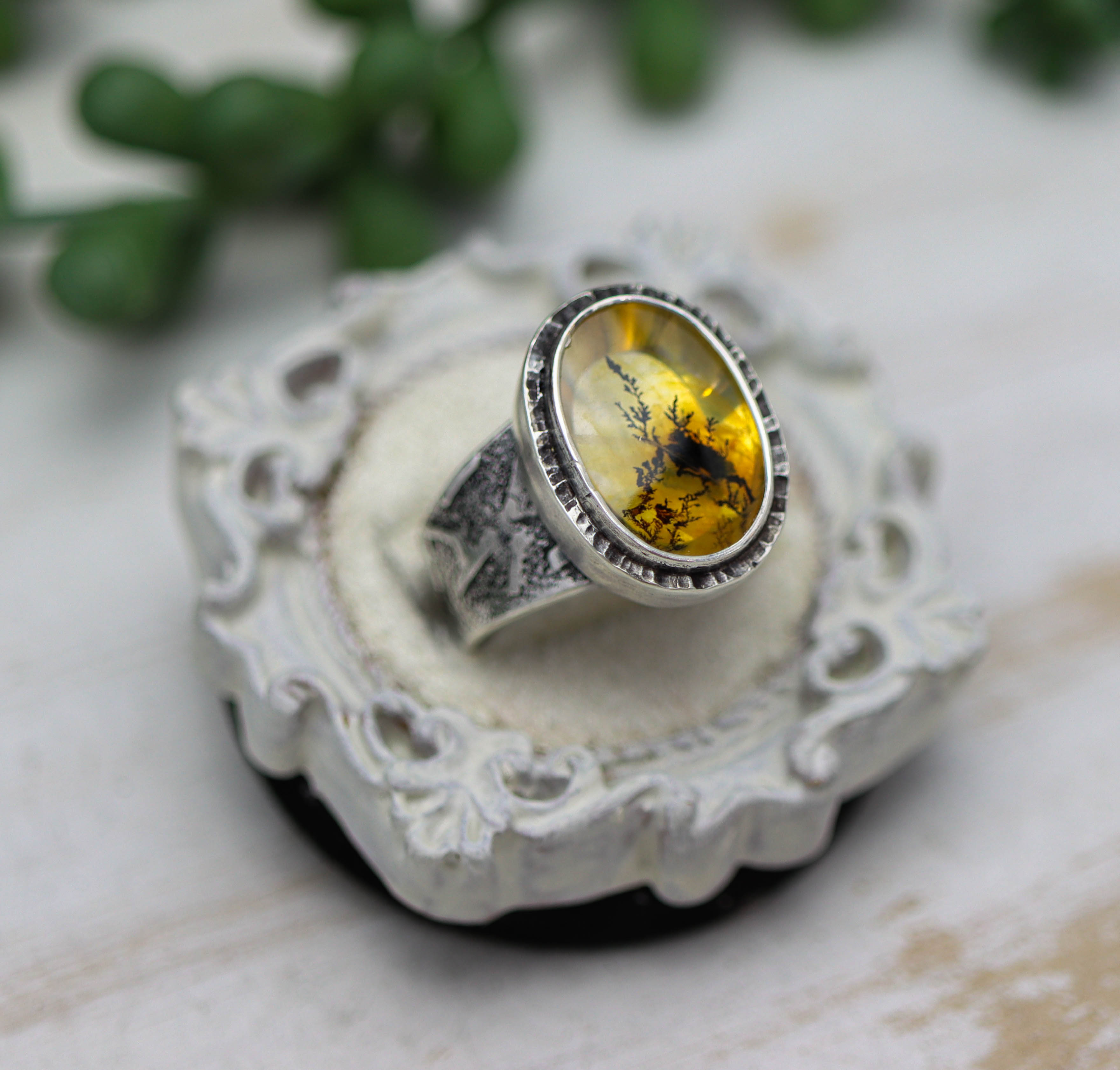 Dendritic Quartz Sterling Silver Wide Band Ring