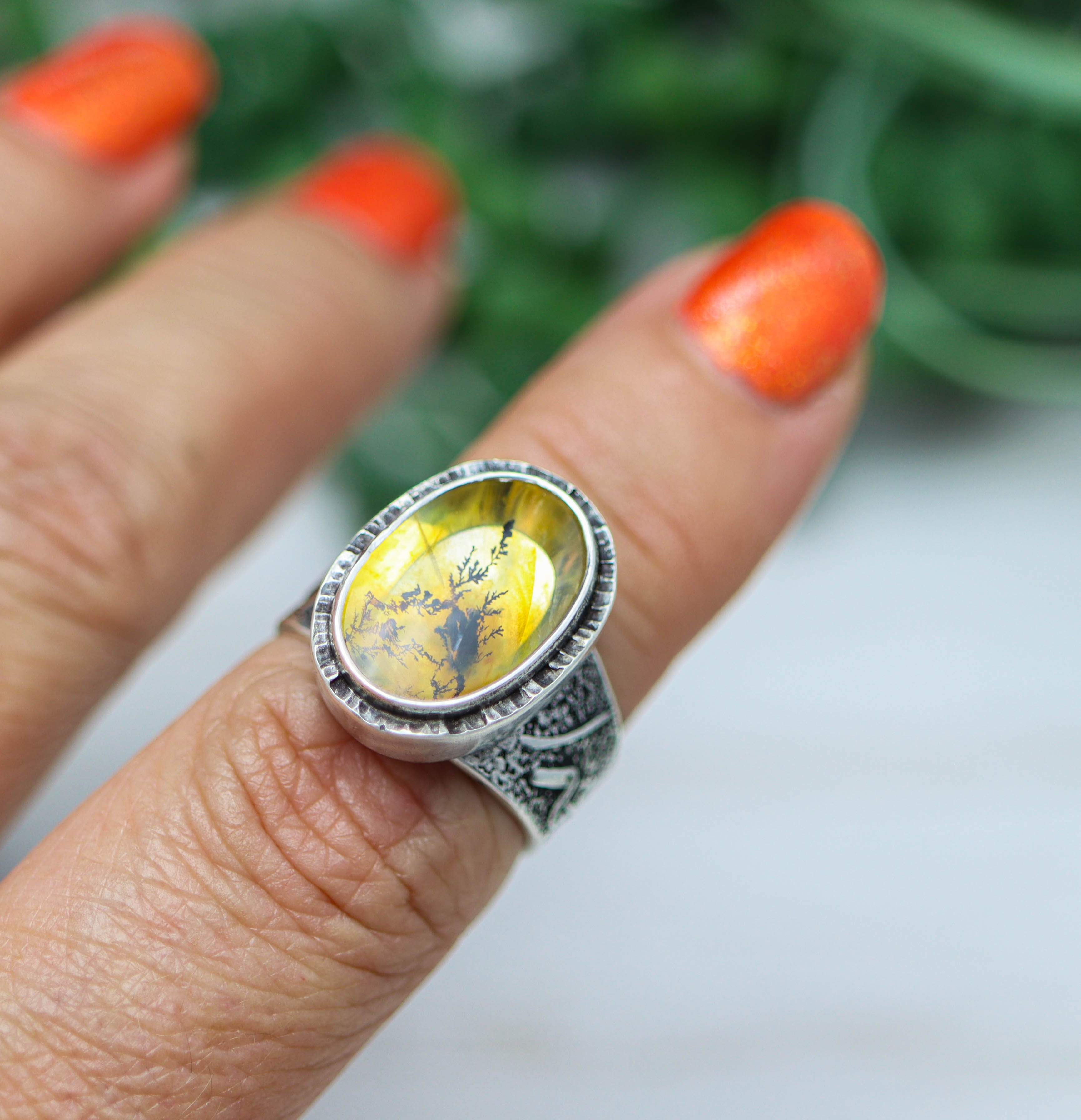 Dendritic Quartz Sterling Silver Wide Band Ring