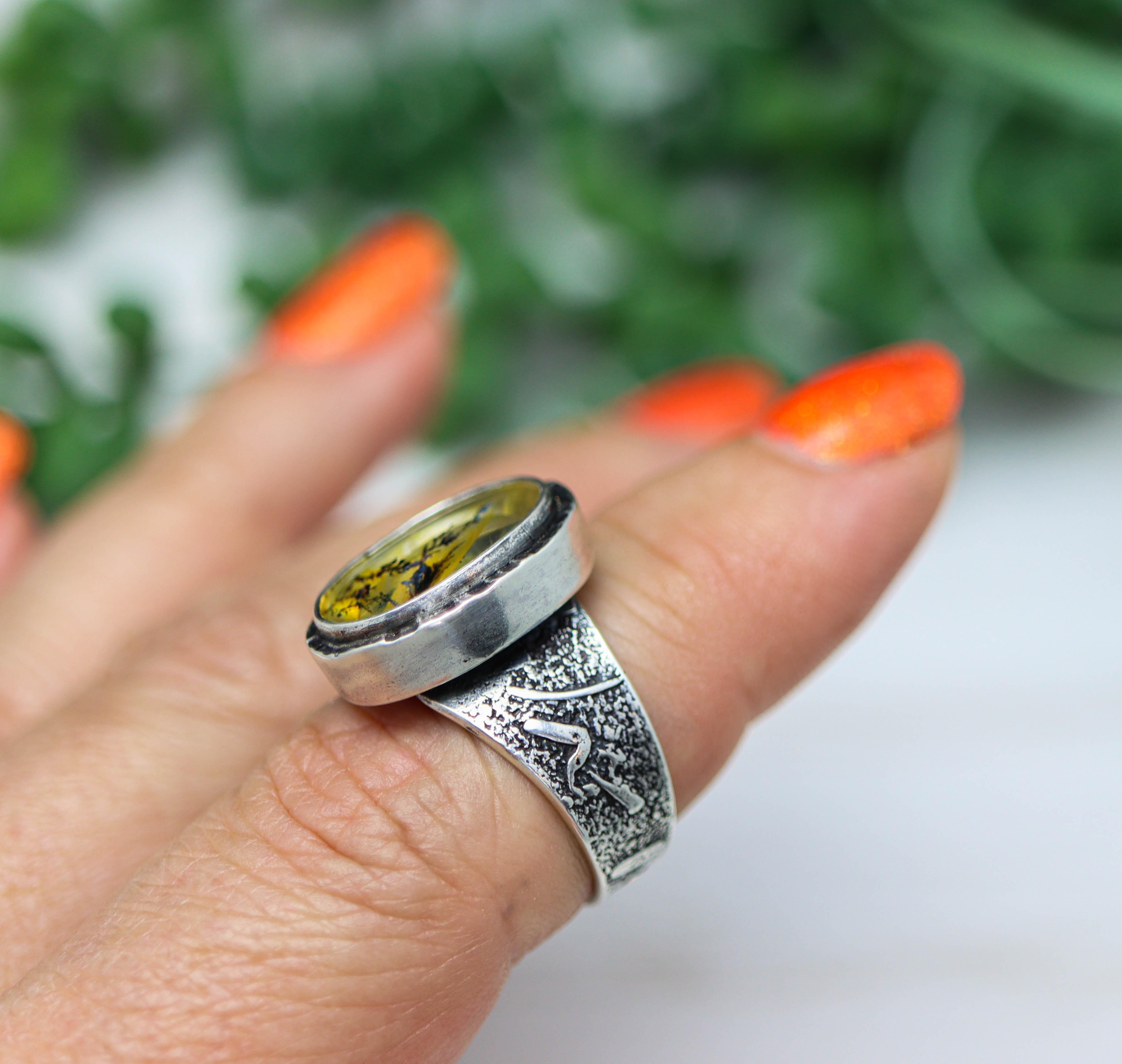 Dendritic Quartz Sterling Silver Wide Band Ring