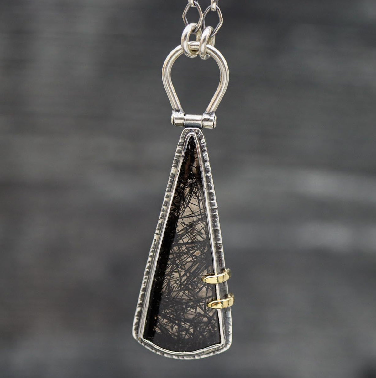 Tourmalinated Quartz Pendant with Hinged Bail in Sterling Silver and 18k Gold