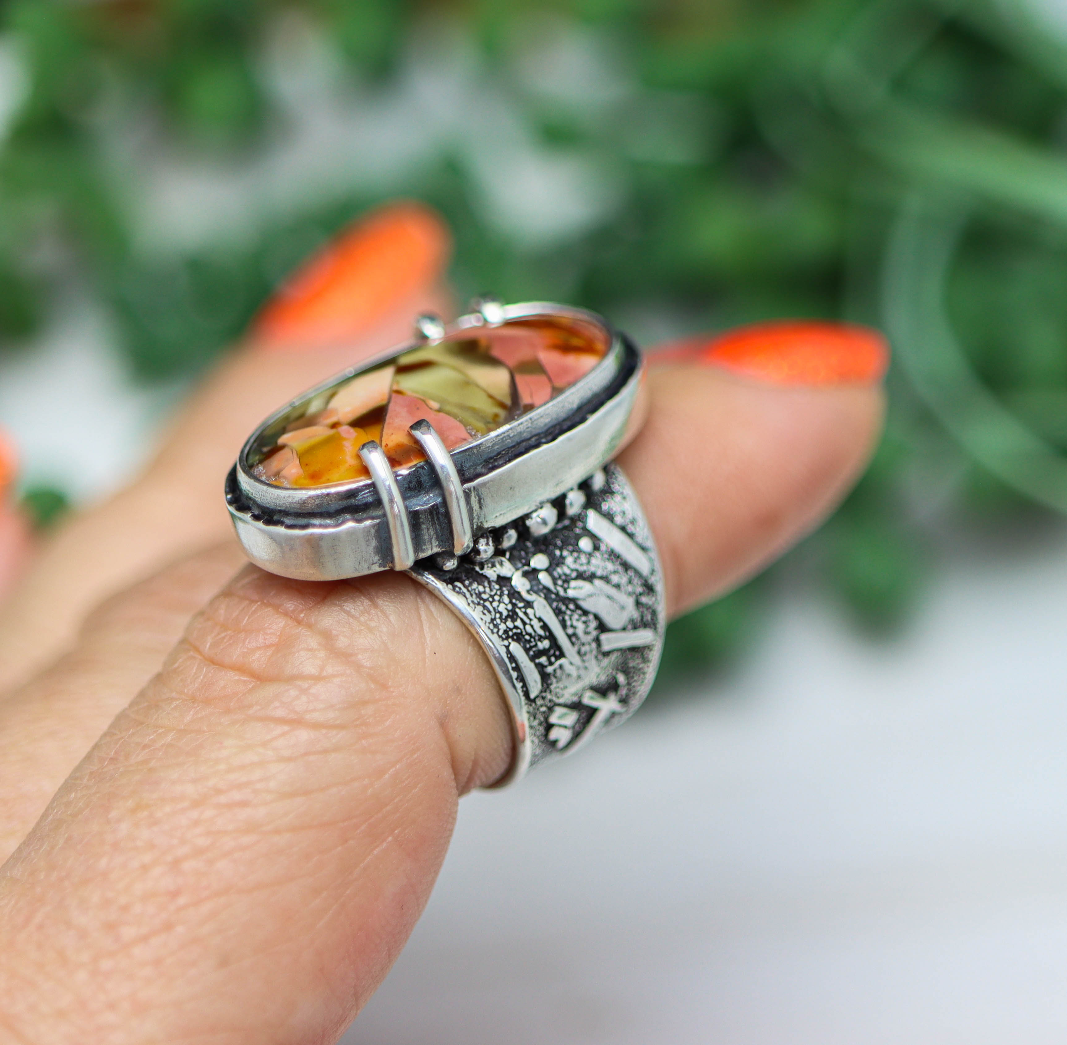 Polychrome Jasper Sterling Silver Wide Band Ring