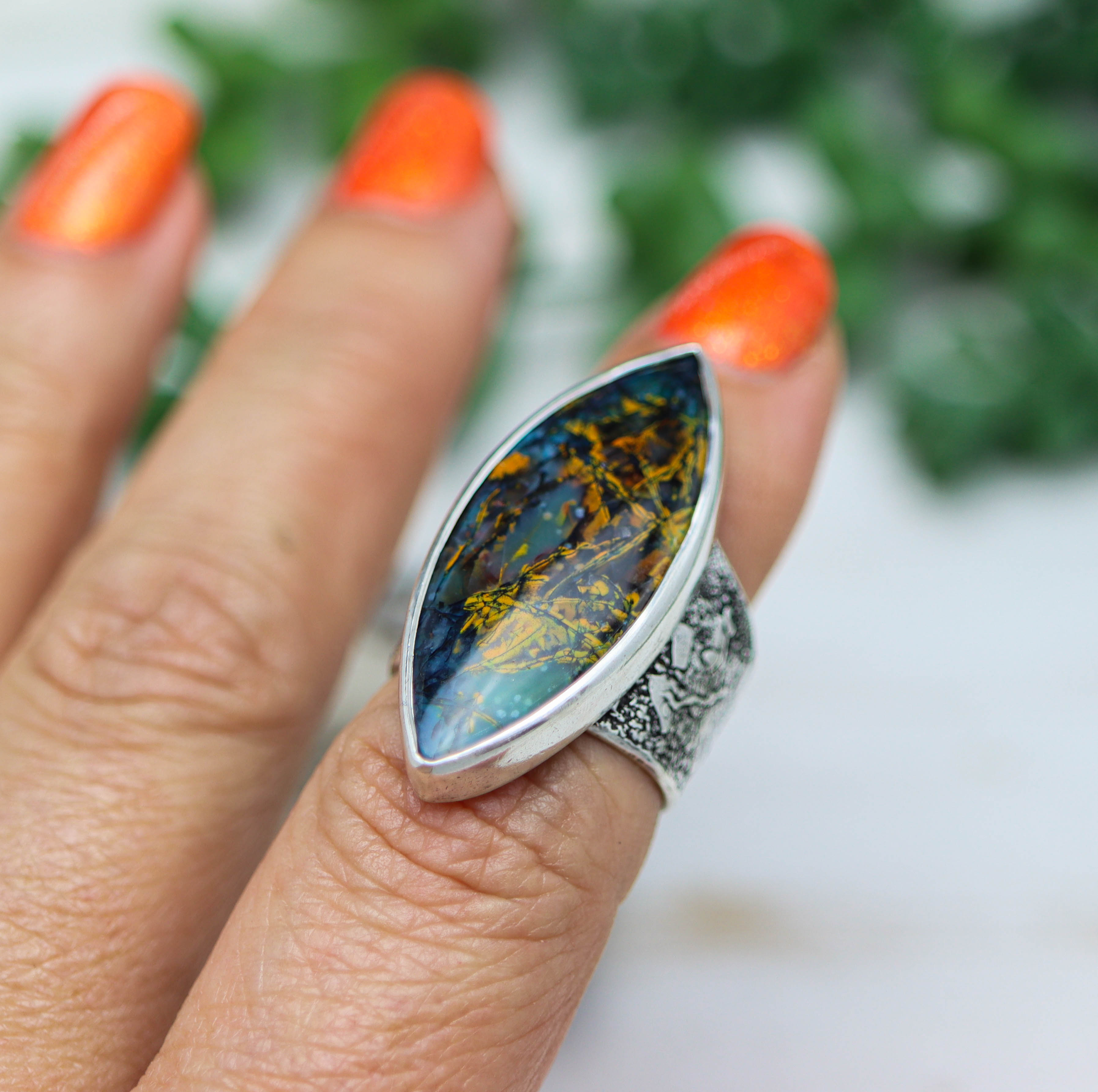 Petrified Opalwood Sterling Silver Wide Band Ring