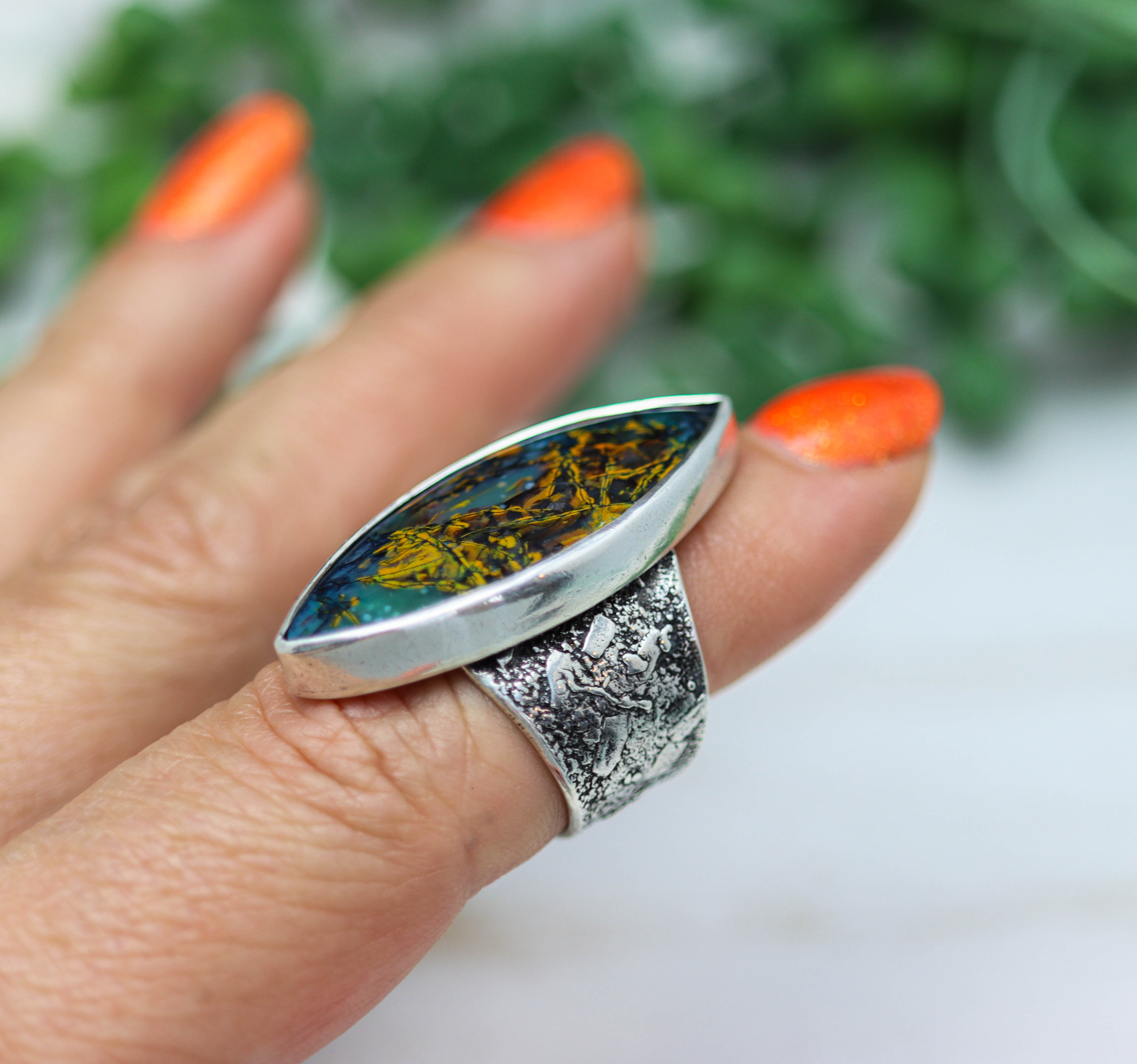Petrified Opalwood Sterling Silver Wide Band Ring