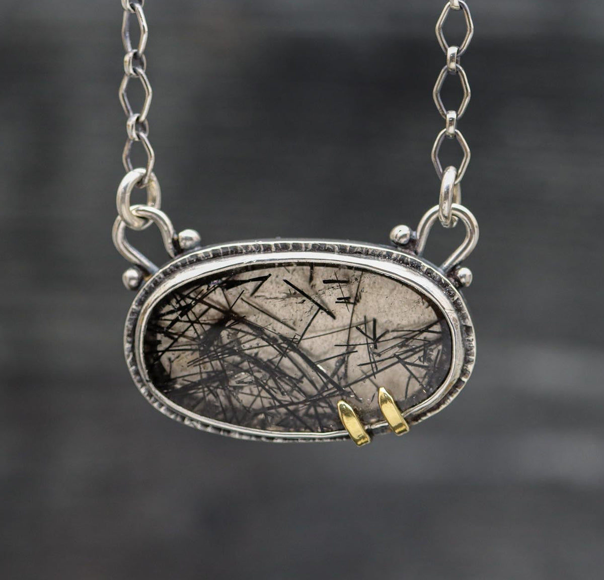 Black Tourmalinated Quartz Pendant Necklace Sterling Silver and 18k Gold