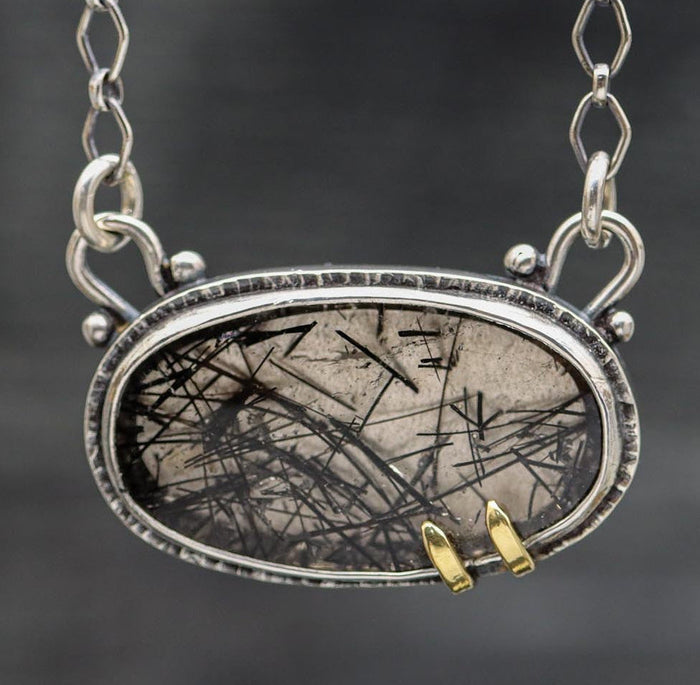 Black Tourmalinated Quartz Pendant Necklace Sterling Silver and 18k Gold