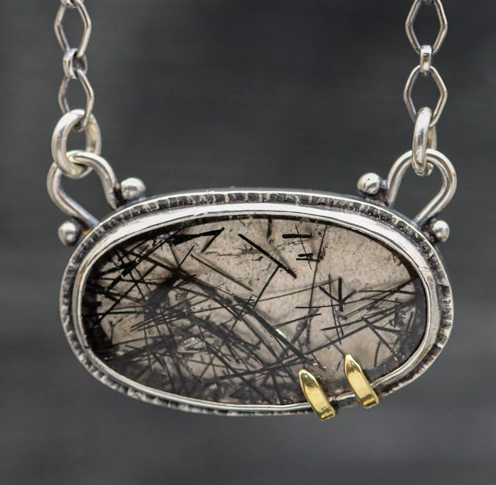 Black Tourmalinated Quartz Pendant Necklace Sterling Silver and 18k Gold