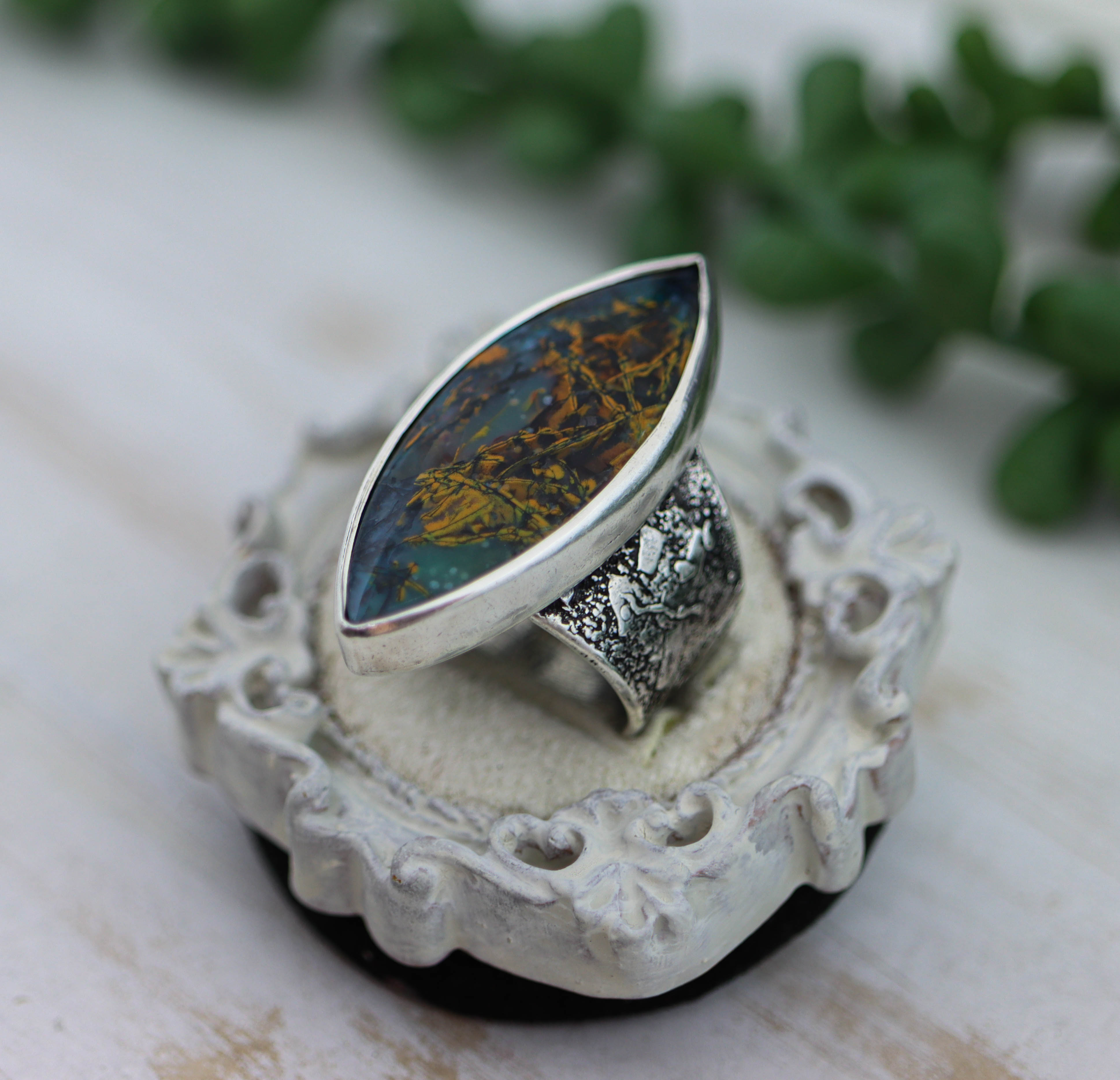Petrified Opalwood Sterling Silver Wide Band Ring