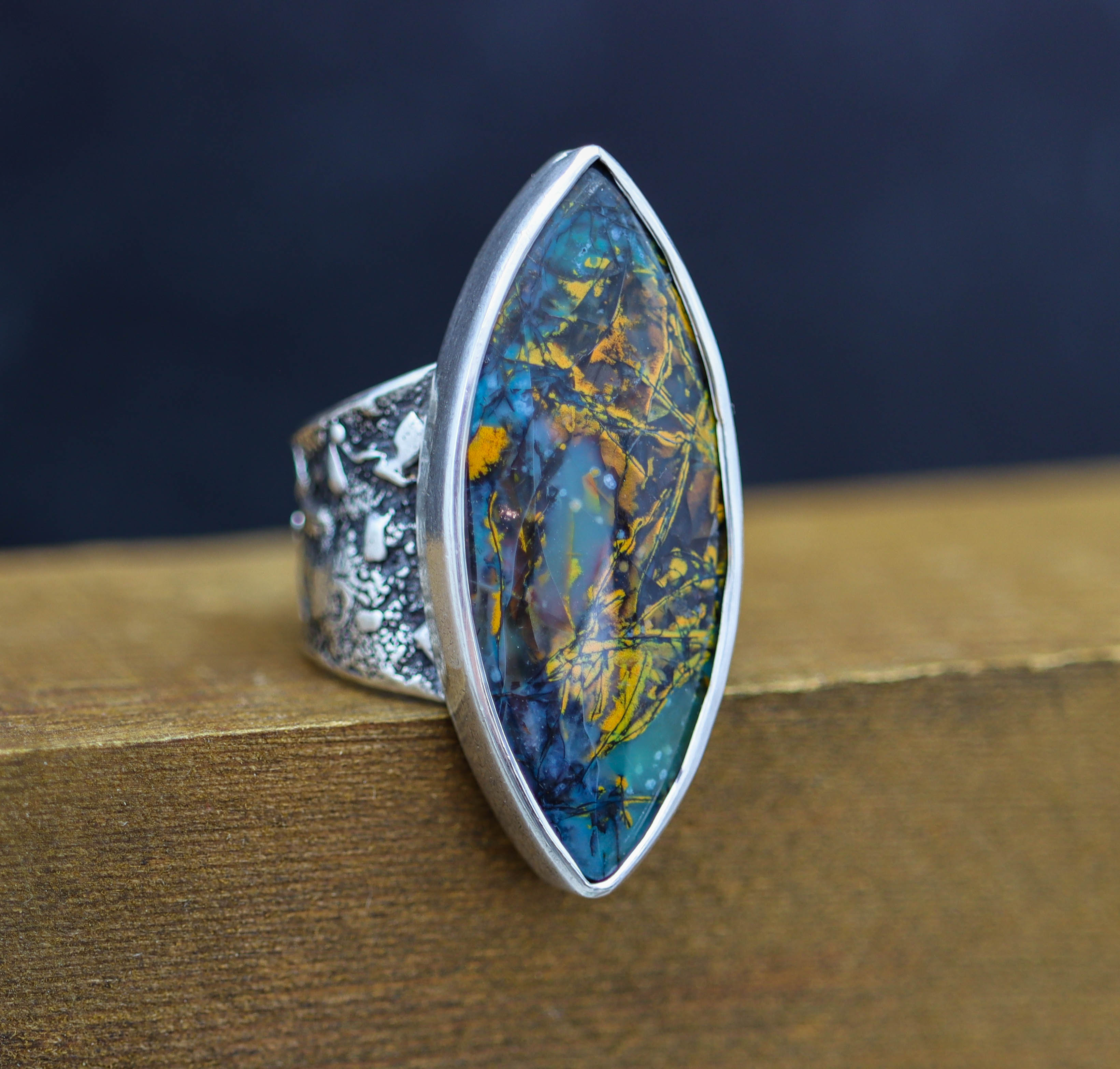 Petrified Opalwood Sterling Silver Wide Band Ring