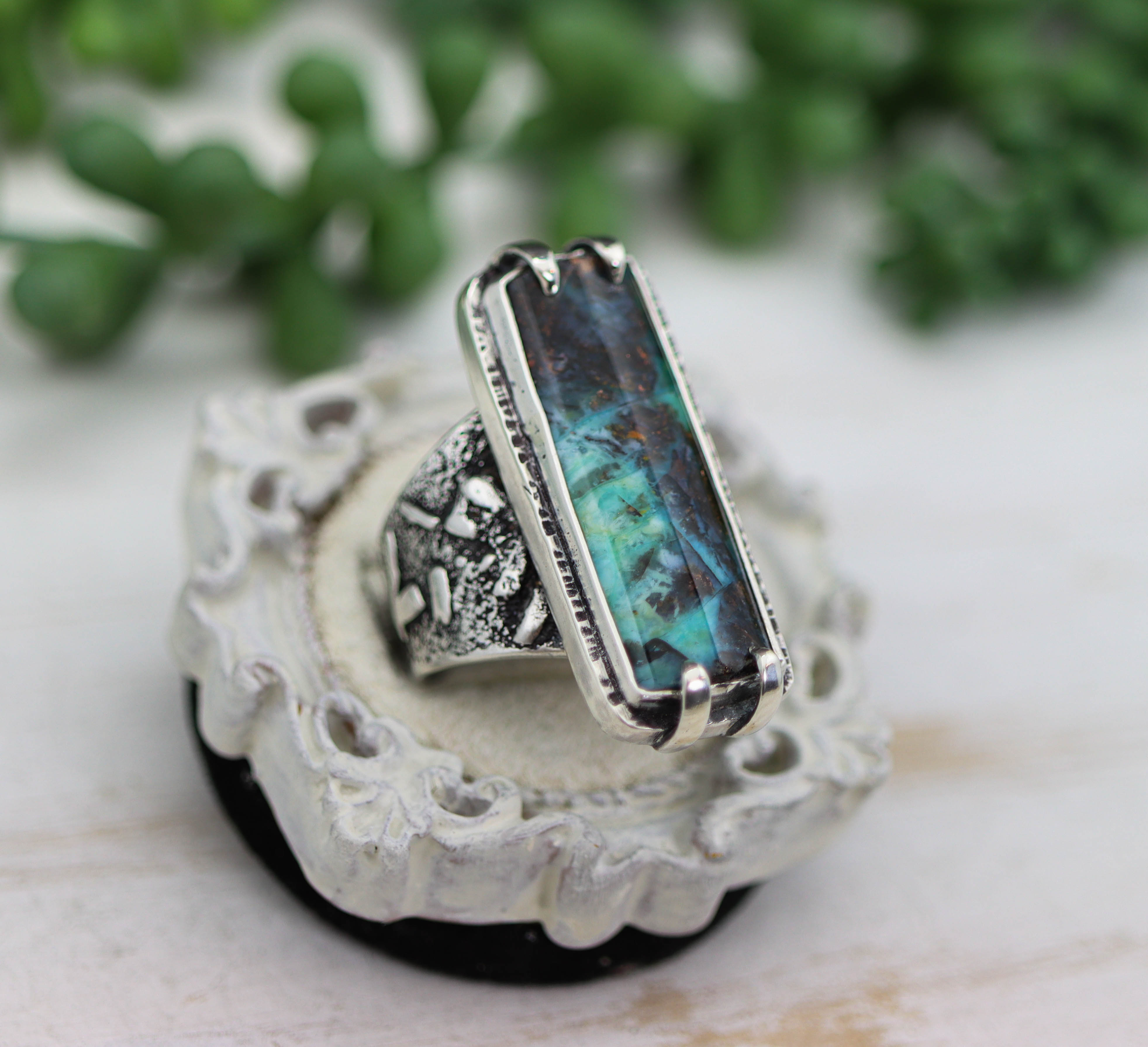 Petrified Opalwood Sterling Silver Wide Band Ring