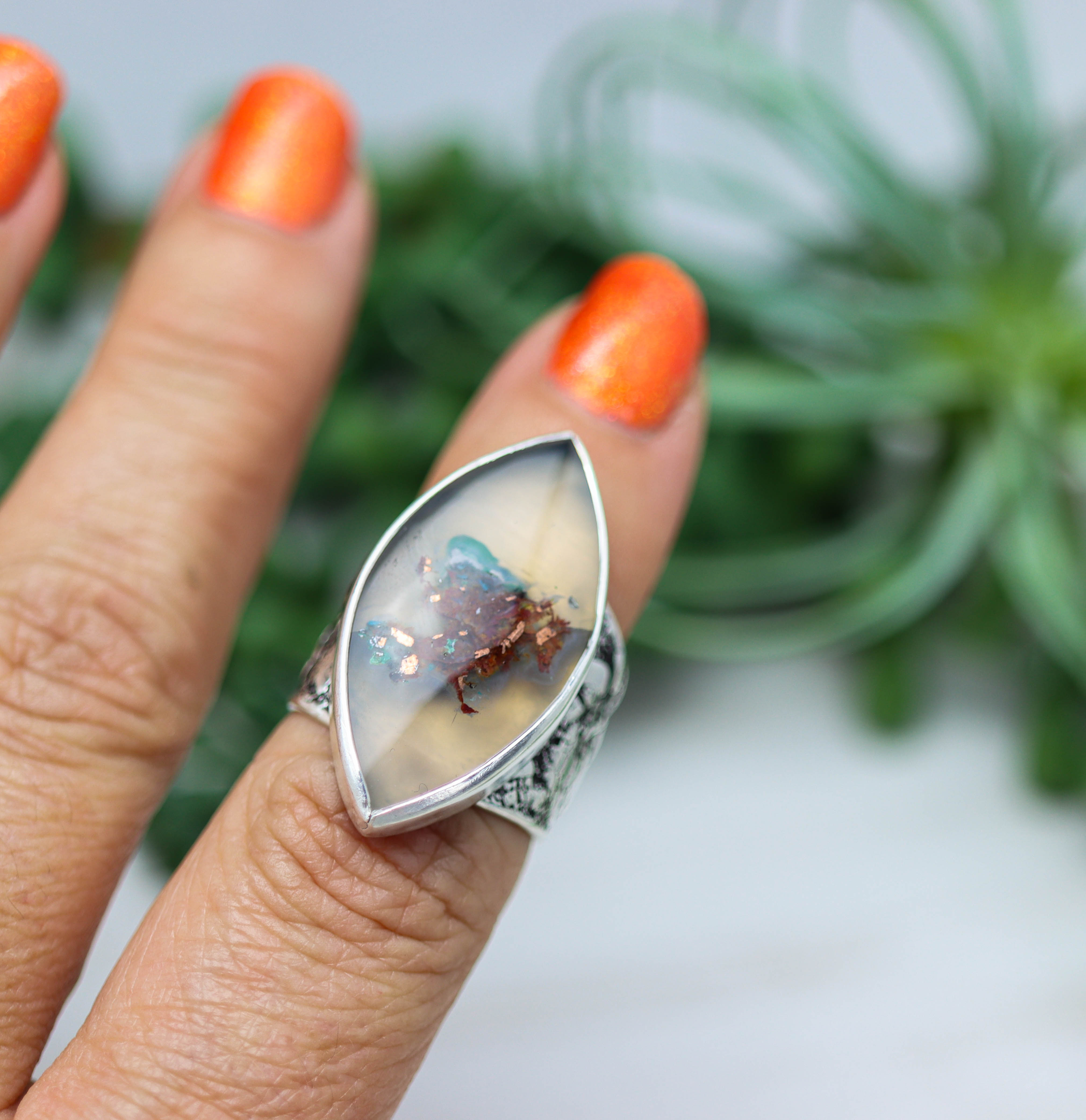 Chrysocolla & Native Copper in Chalcedony Wide Band Ring