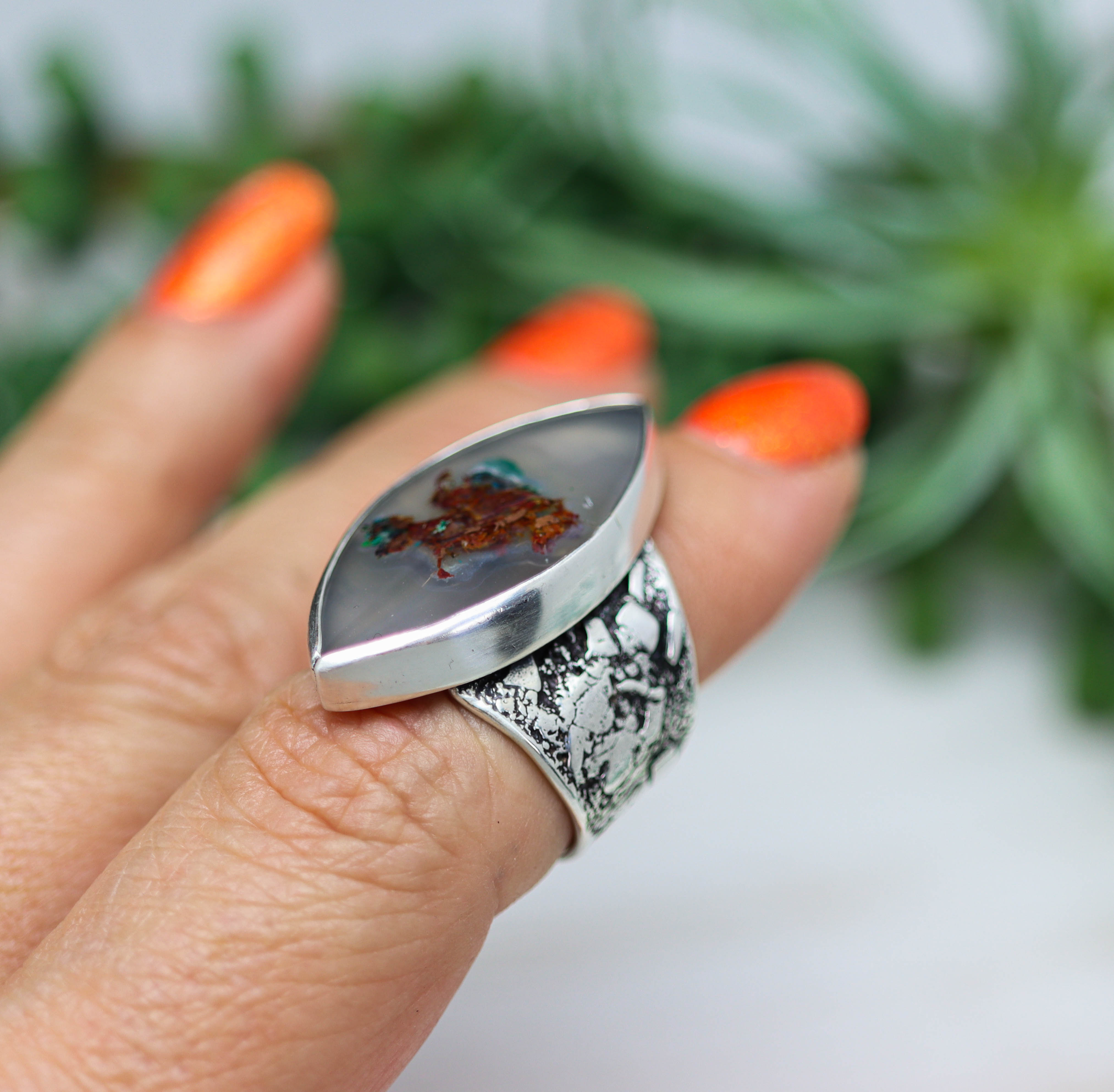 Chrysocolla & Native Copper in Chalcedony Wide Band Ring