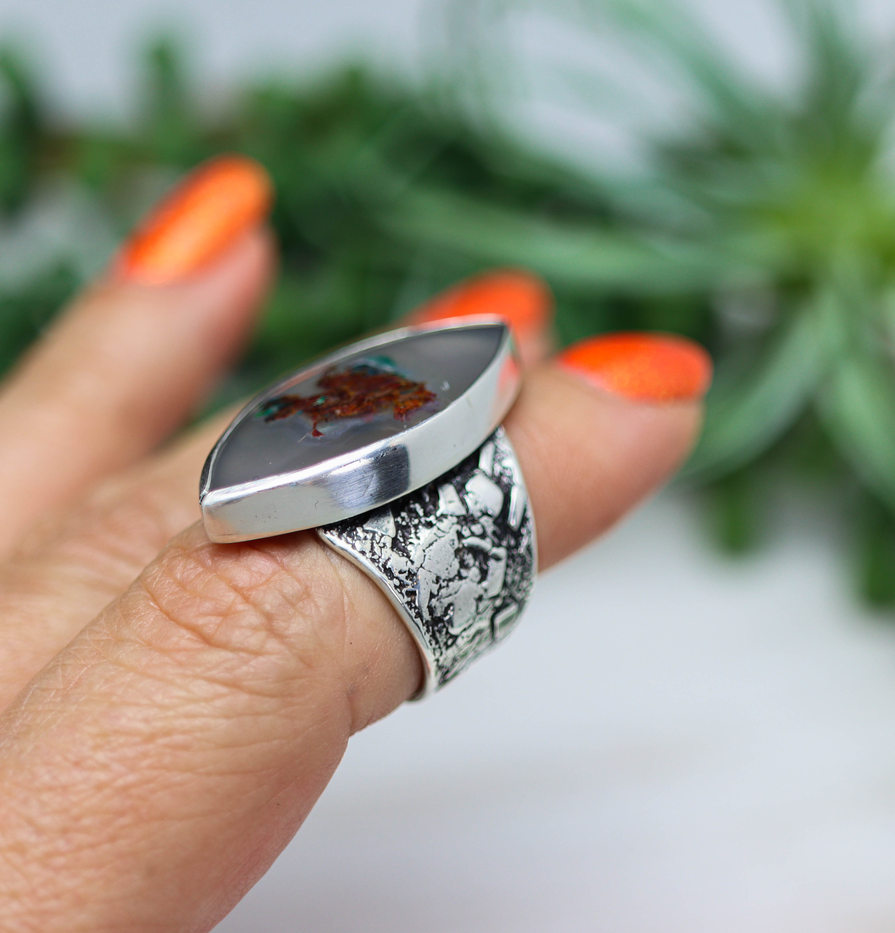 Chrysocolla & Native Copper in Chalcedony Wide Band Ring