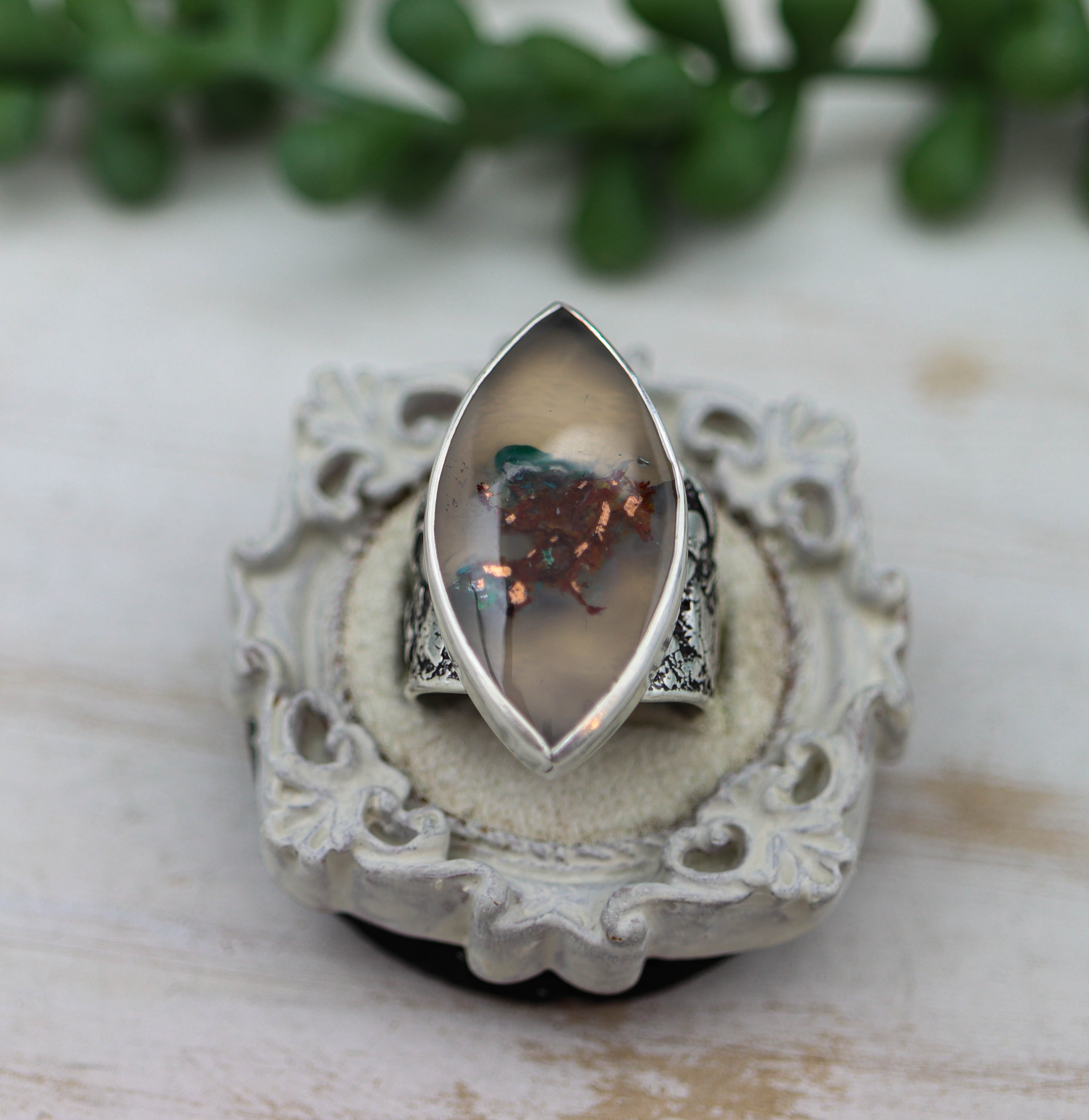 Chrysocolla & Native Copper in Chalcedony Wide Band Ring