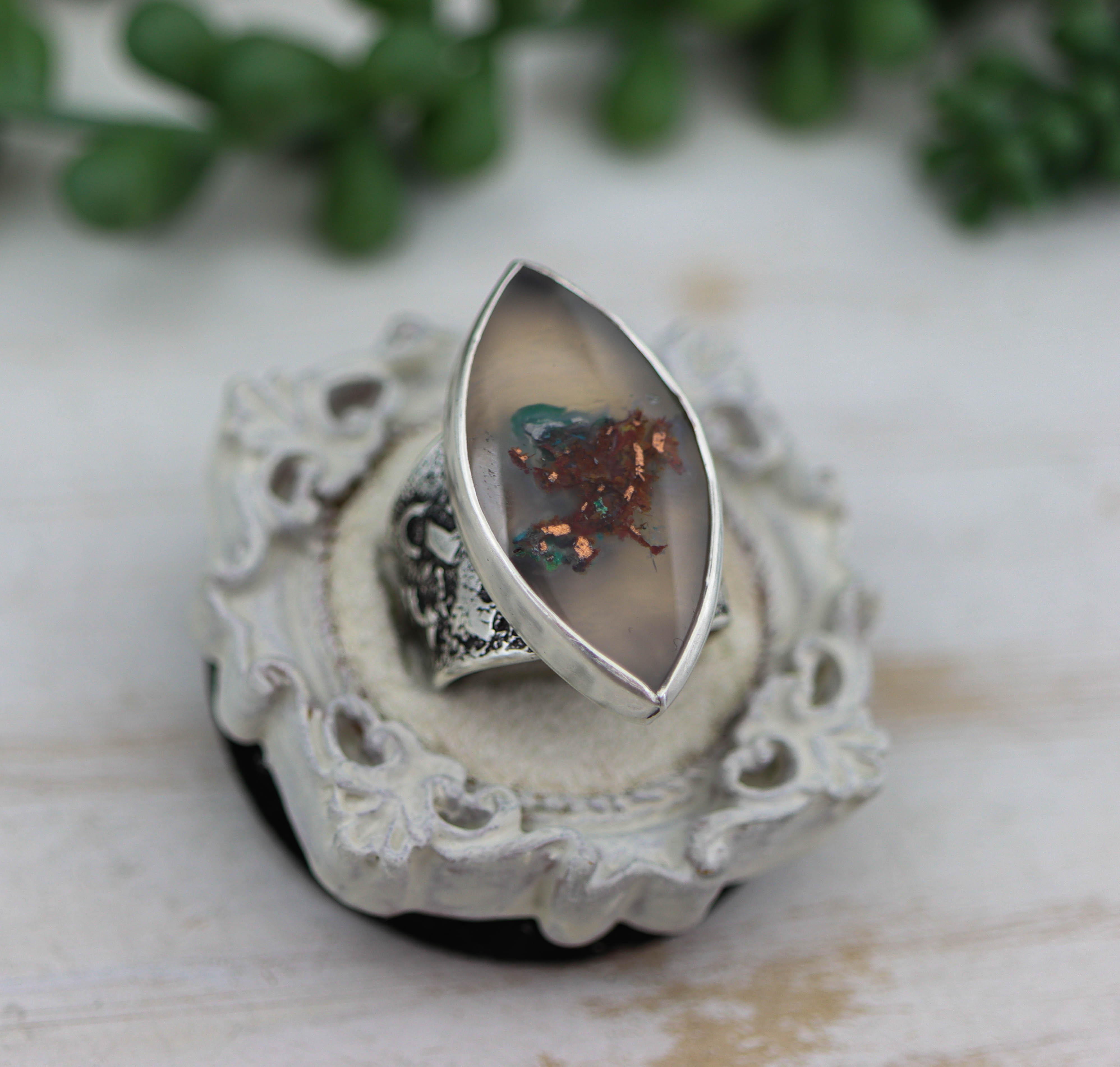 Chrysocolla & Native Copper in Chalcedony Wide Band Ring