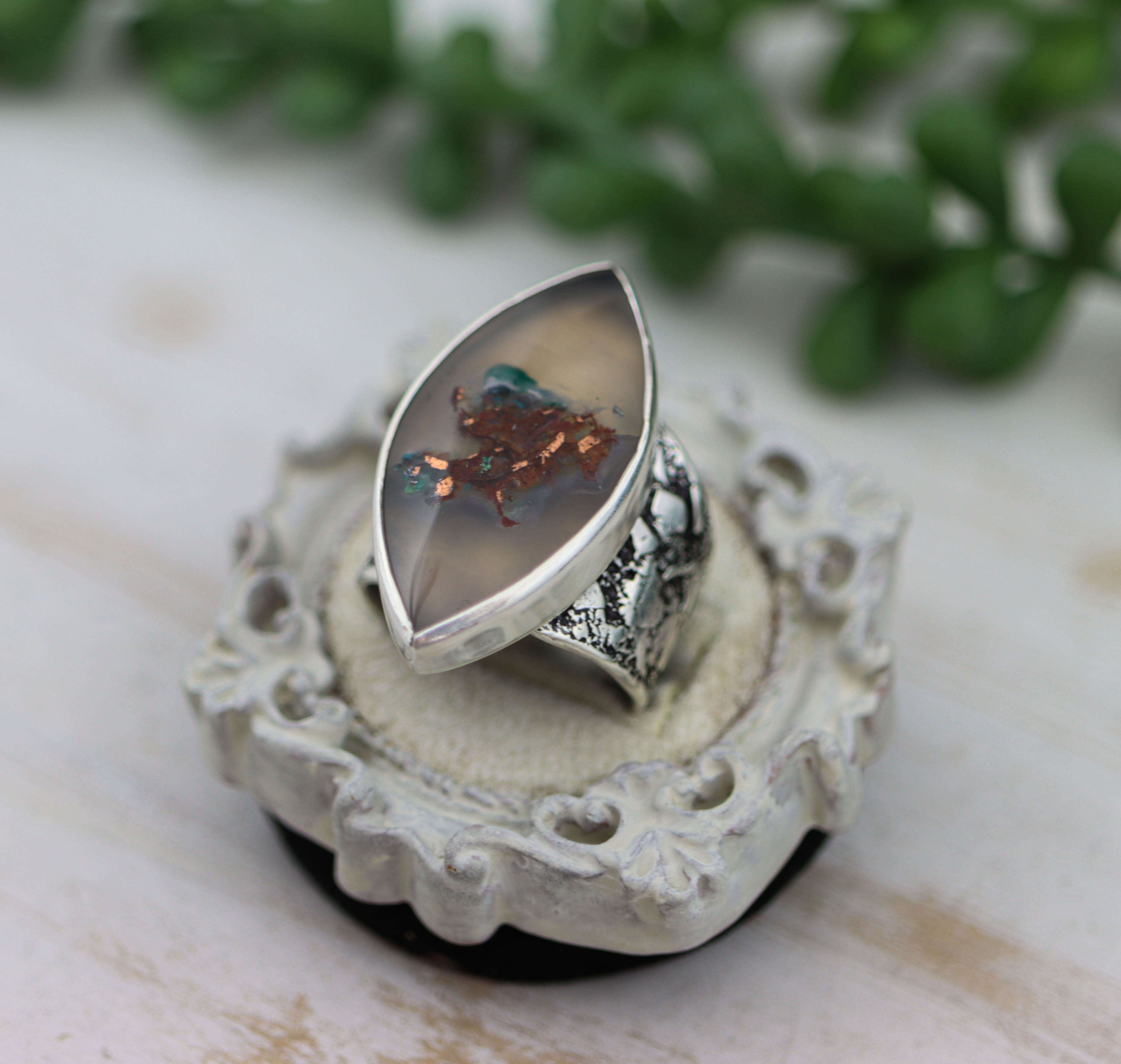 Chrysocolla & Native Copper in Chalcedony Wide Band Ring