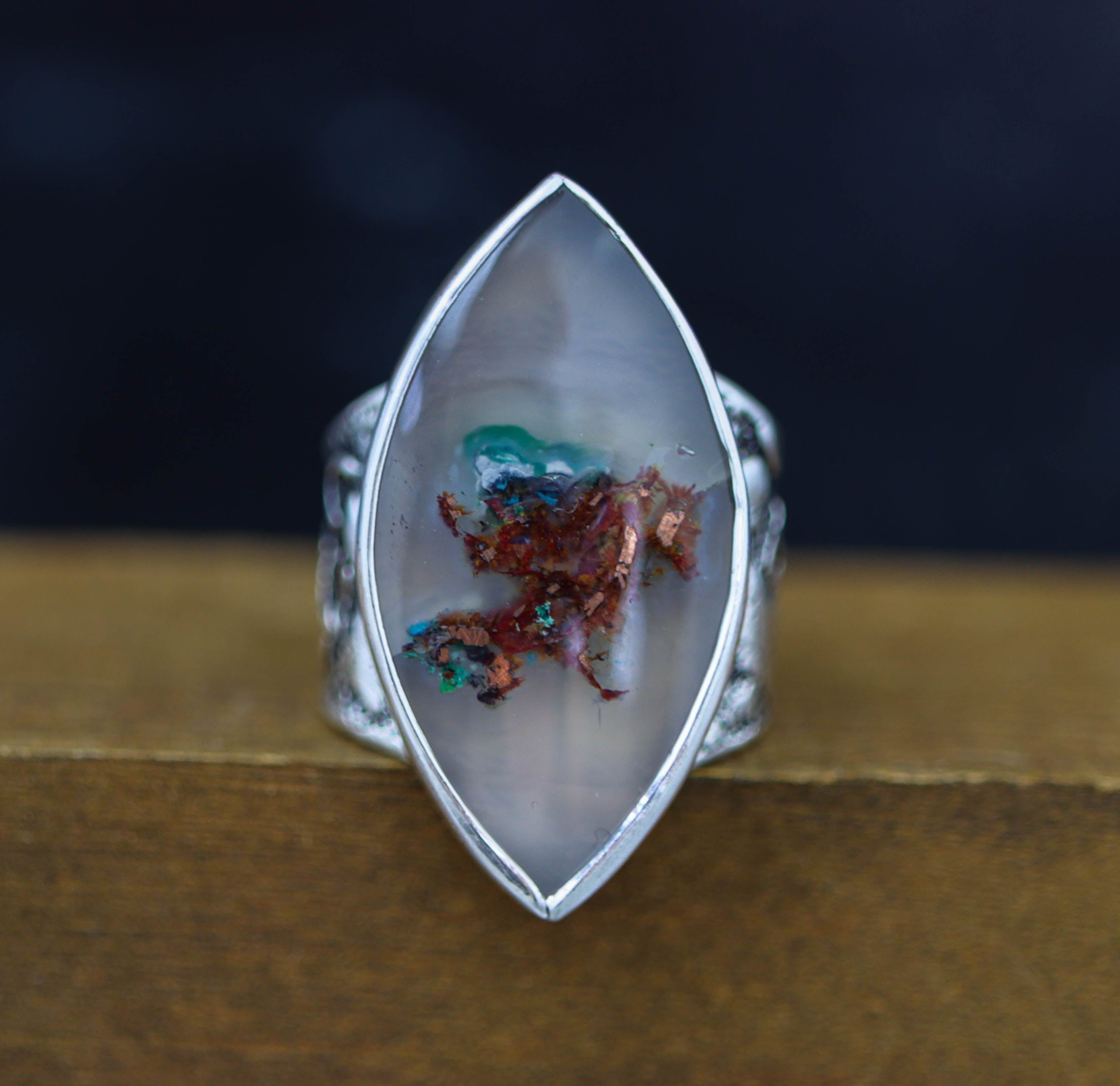 Chrysocolla & Native Copper in Chalcedony Wide Band Ring