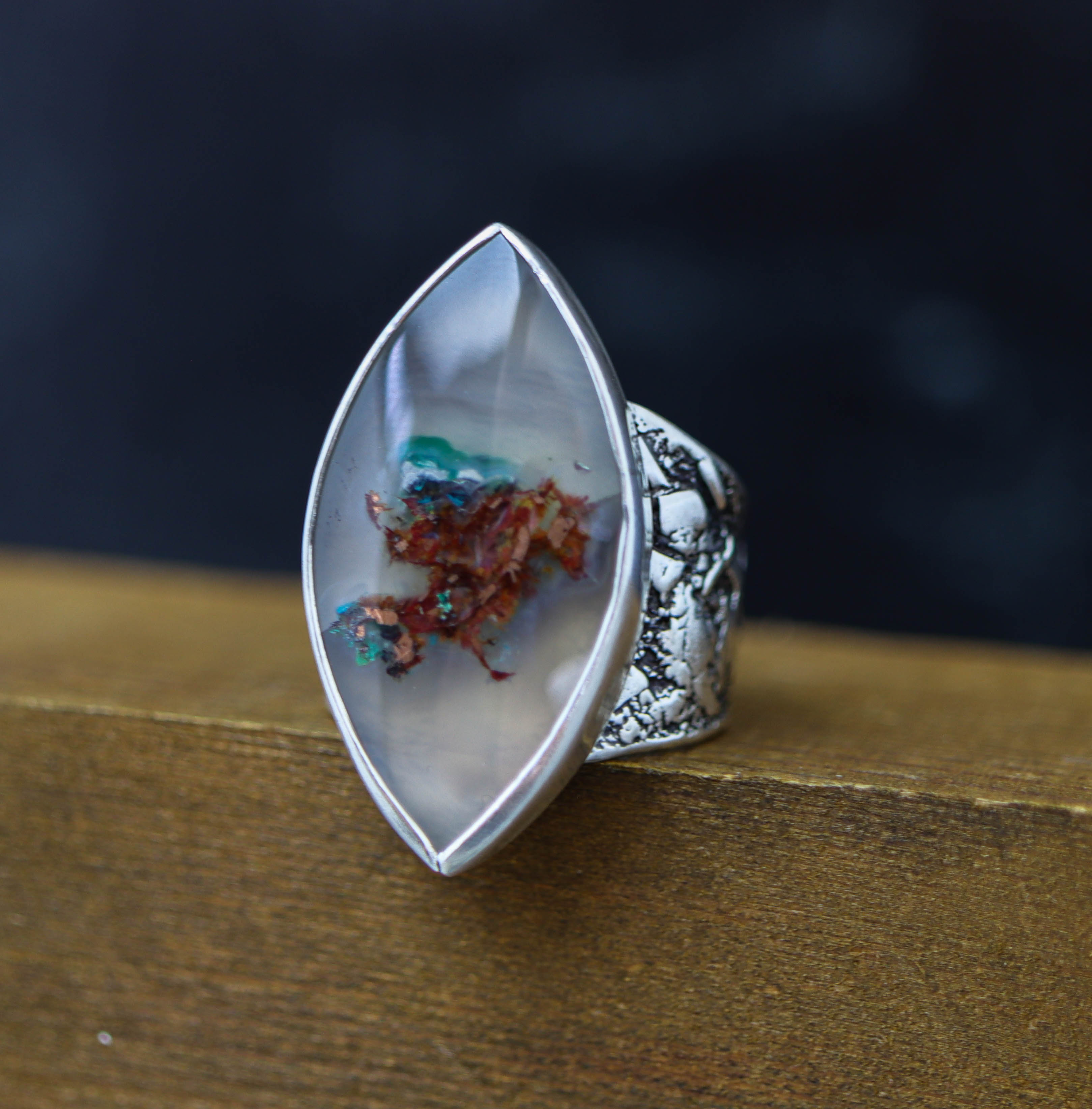 Chrysocolla & Native Copper in Chalcedony Wide Band Ring
