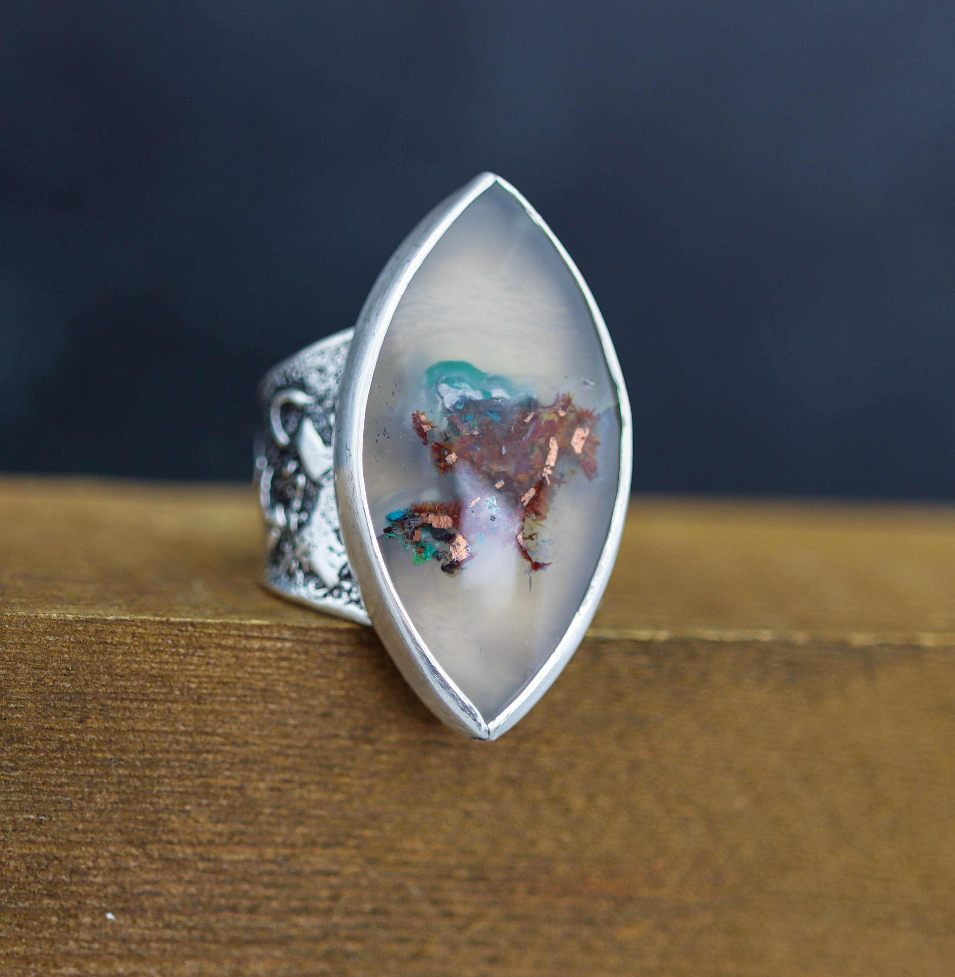 Chrysocolla & Native Copper in Chalcedony Wide Band Ring