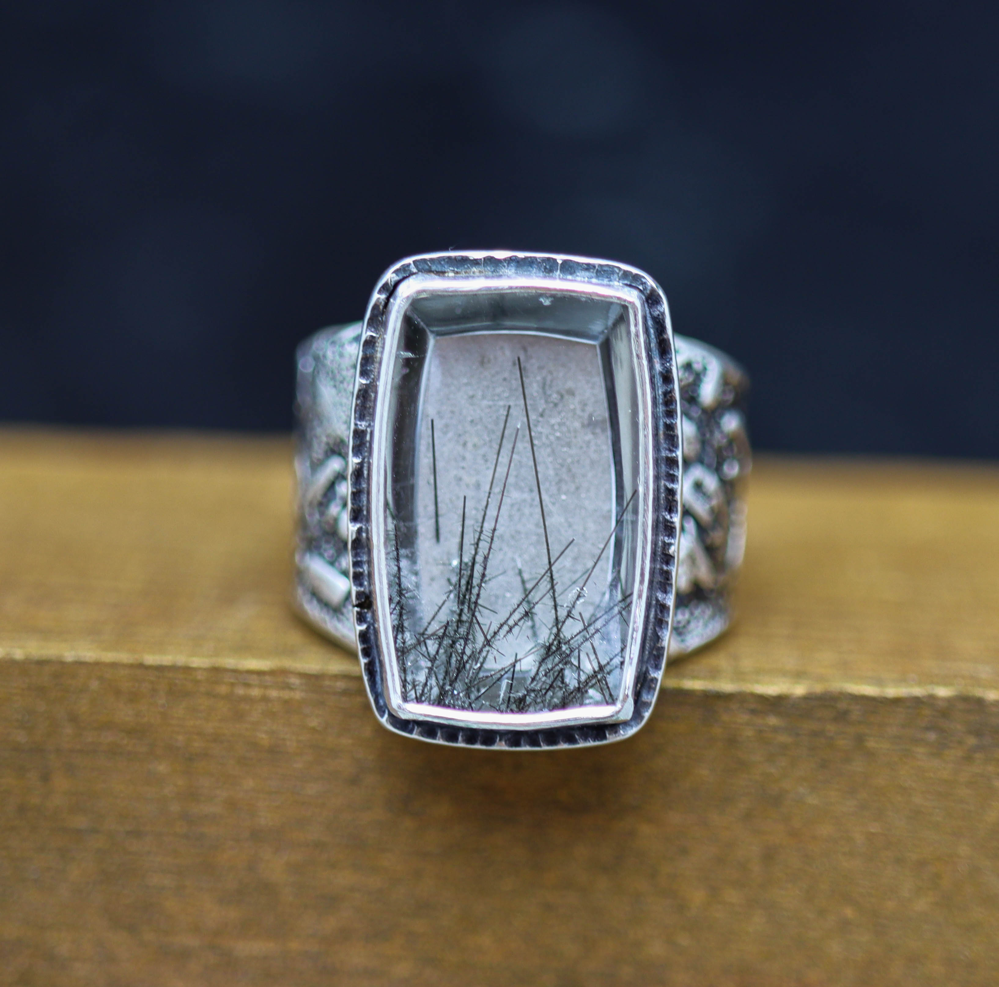 Black Tourmalinated Quartz Sterling Silver Wide Band Ring