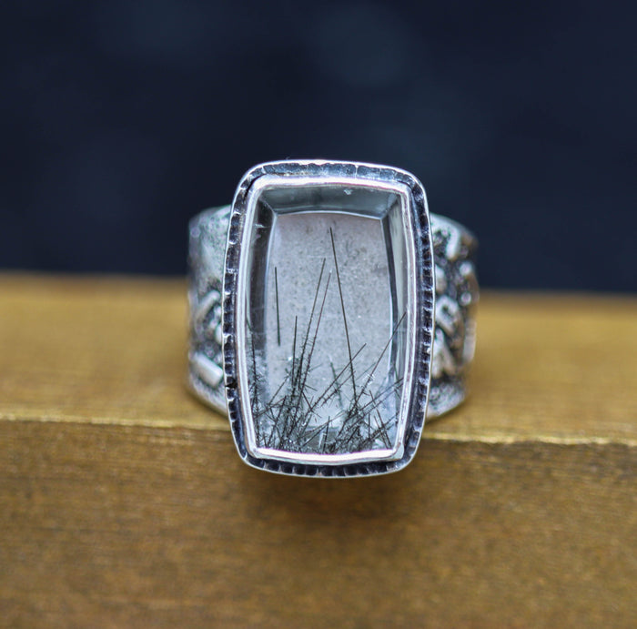 Black Tourmalinated Quartz Sterling Silver Wide Band Ring