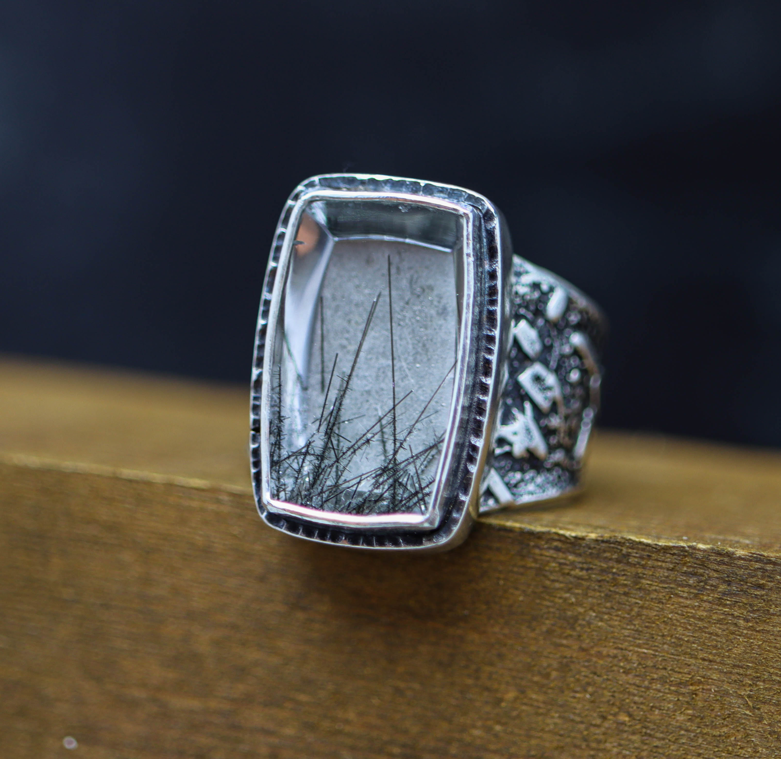 Black Tourmalinated Quartz Sterling Silver Wide Band Ring