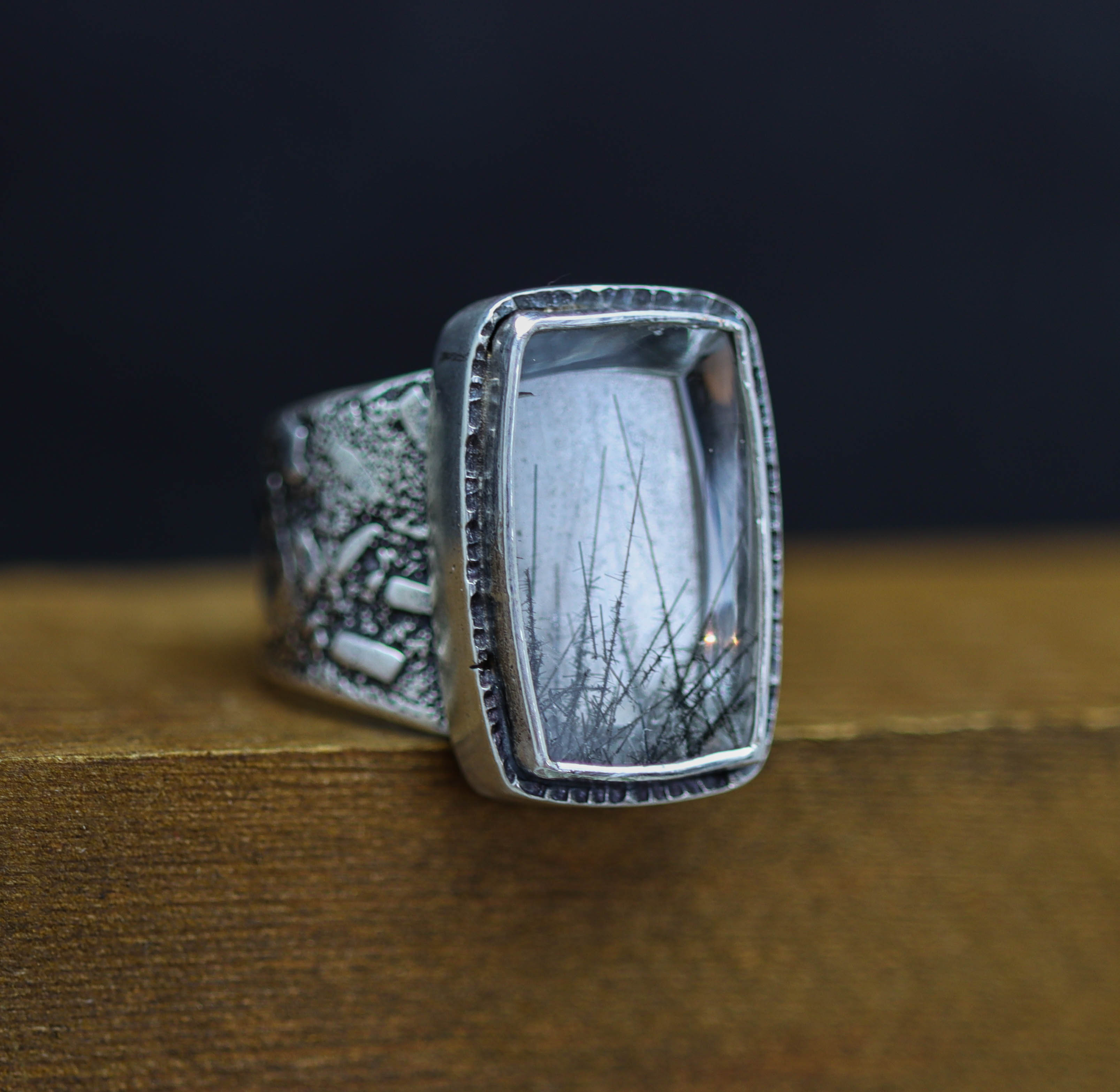 Black Tourmalinated Quartz Sterling Silver Wide Band Ring