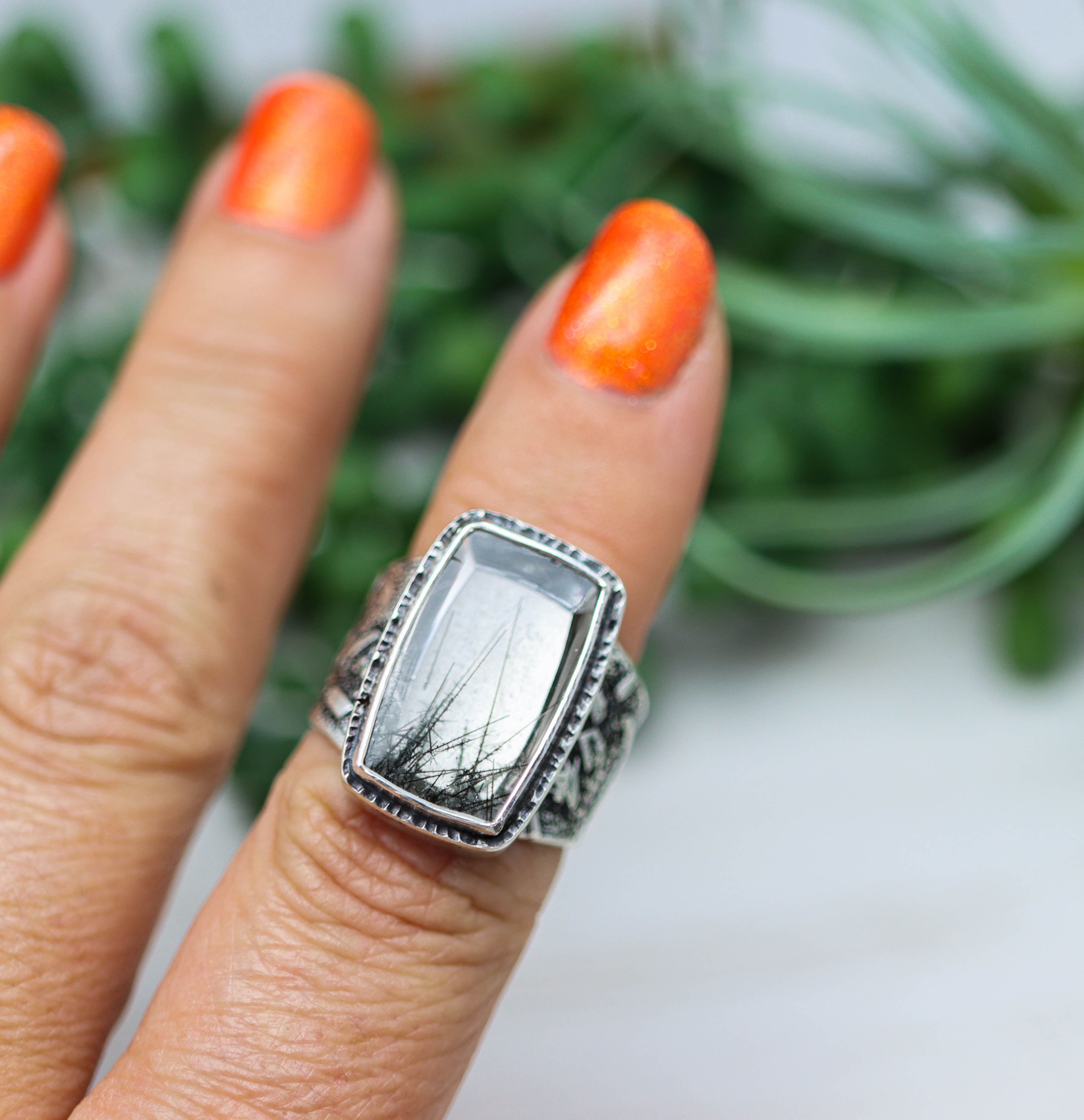 Black Tourmalinated Quartz Sterling Silver Wide Band Ring
