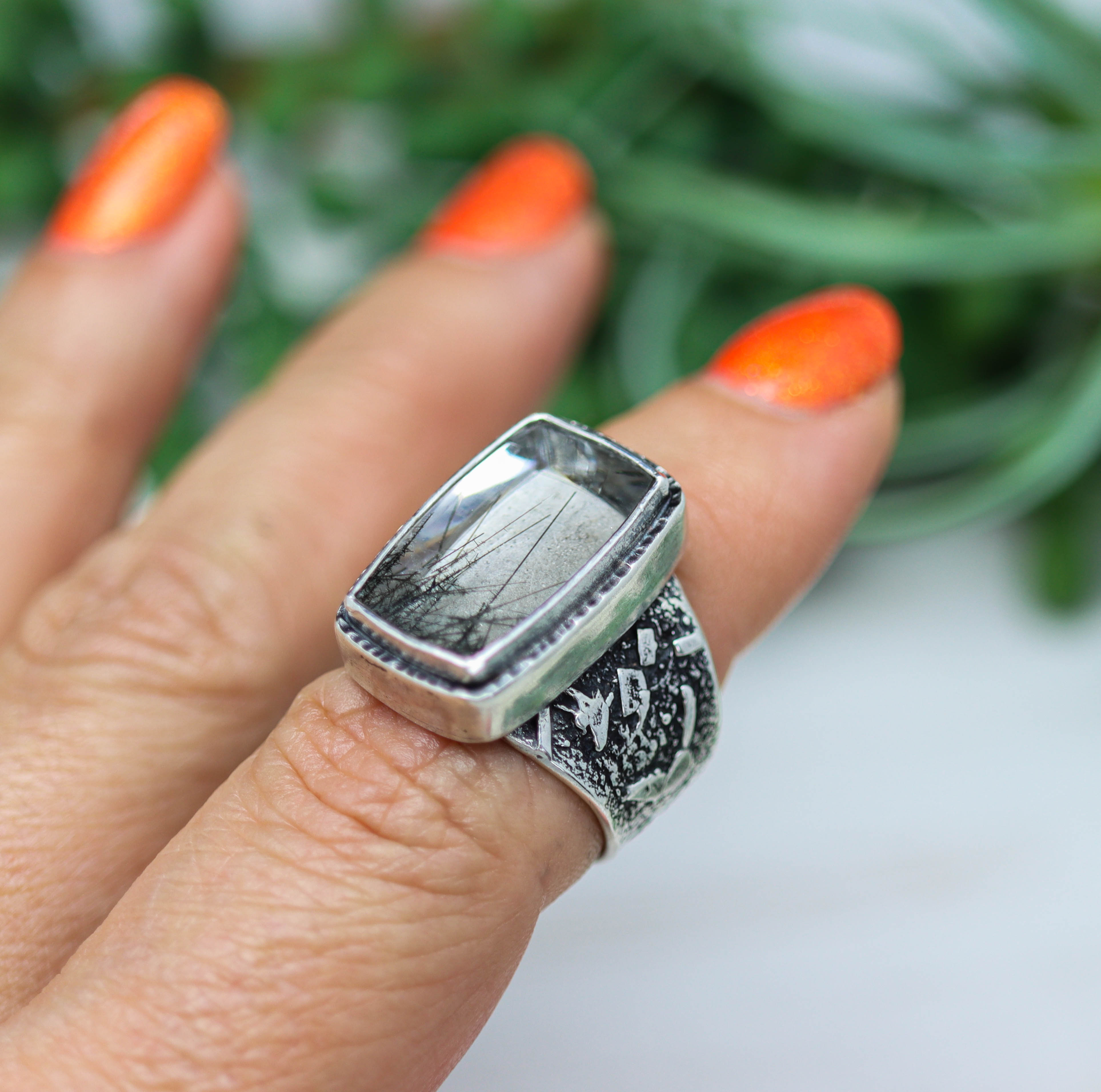 Black Tourmalinated Quartz Sterling Silver Wide Band Ring